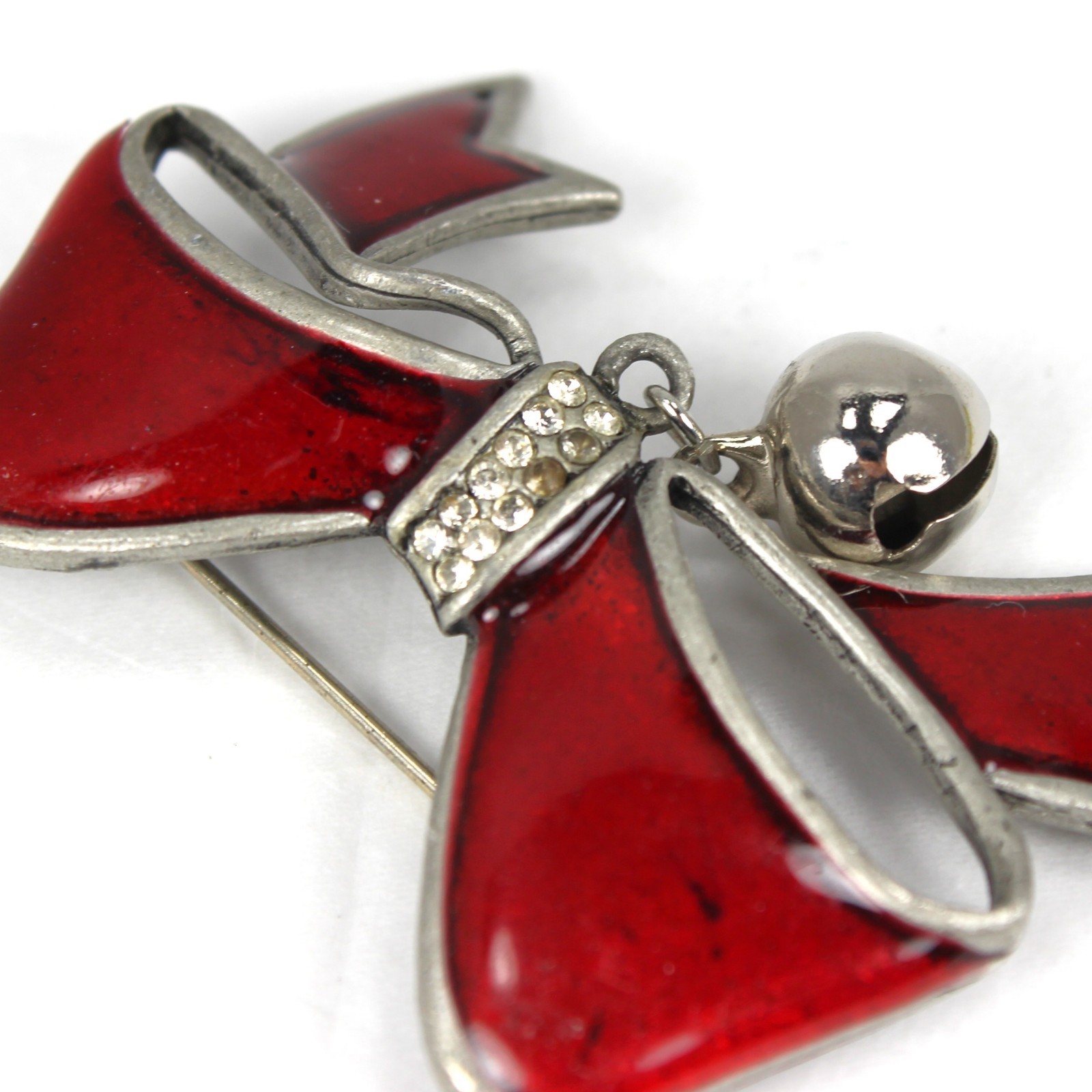 Vintage Red Enamel Christmas Brooch Drop Jingle Bell Pewter Signed AS