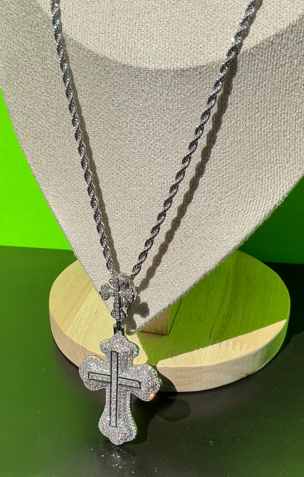 New Men Women White Gold Tone Cross CZ Chain Necklace Hip Hop Rap Fire Bling