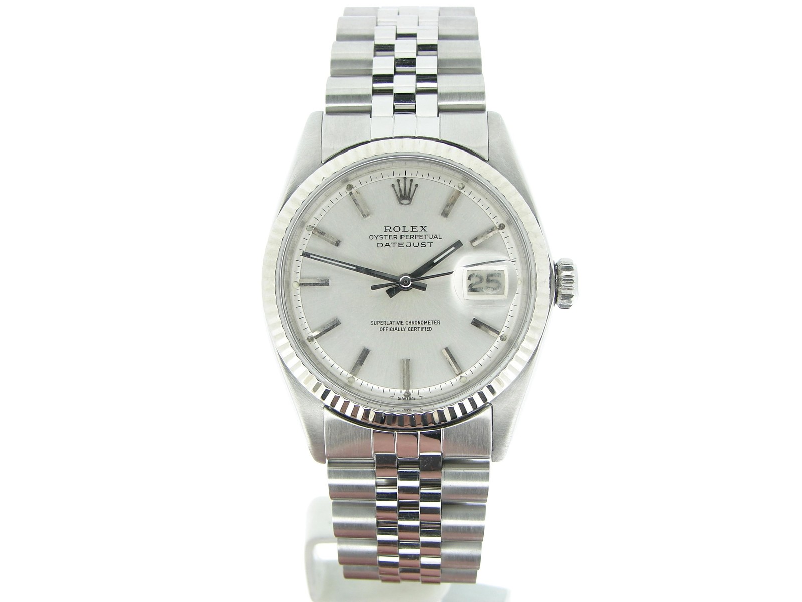 Rolex Datejust Mens Stainless Steel Watch 18K White Gold Bezel Silver Dial 1601