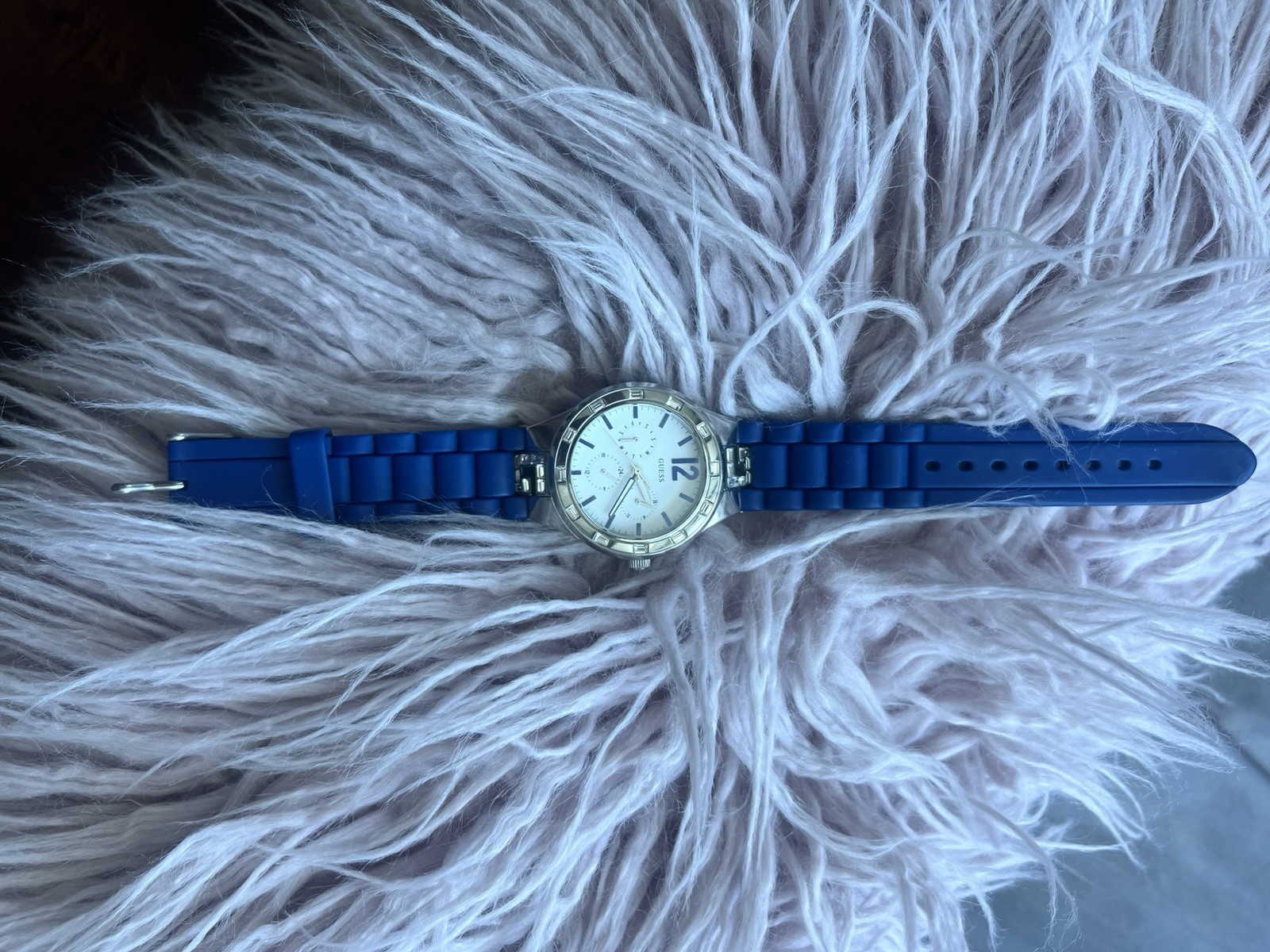 GUESS Women’s Quartz Multifunction Analog Watch White Dial Blue Silicone Strap