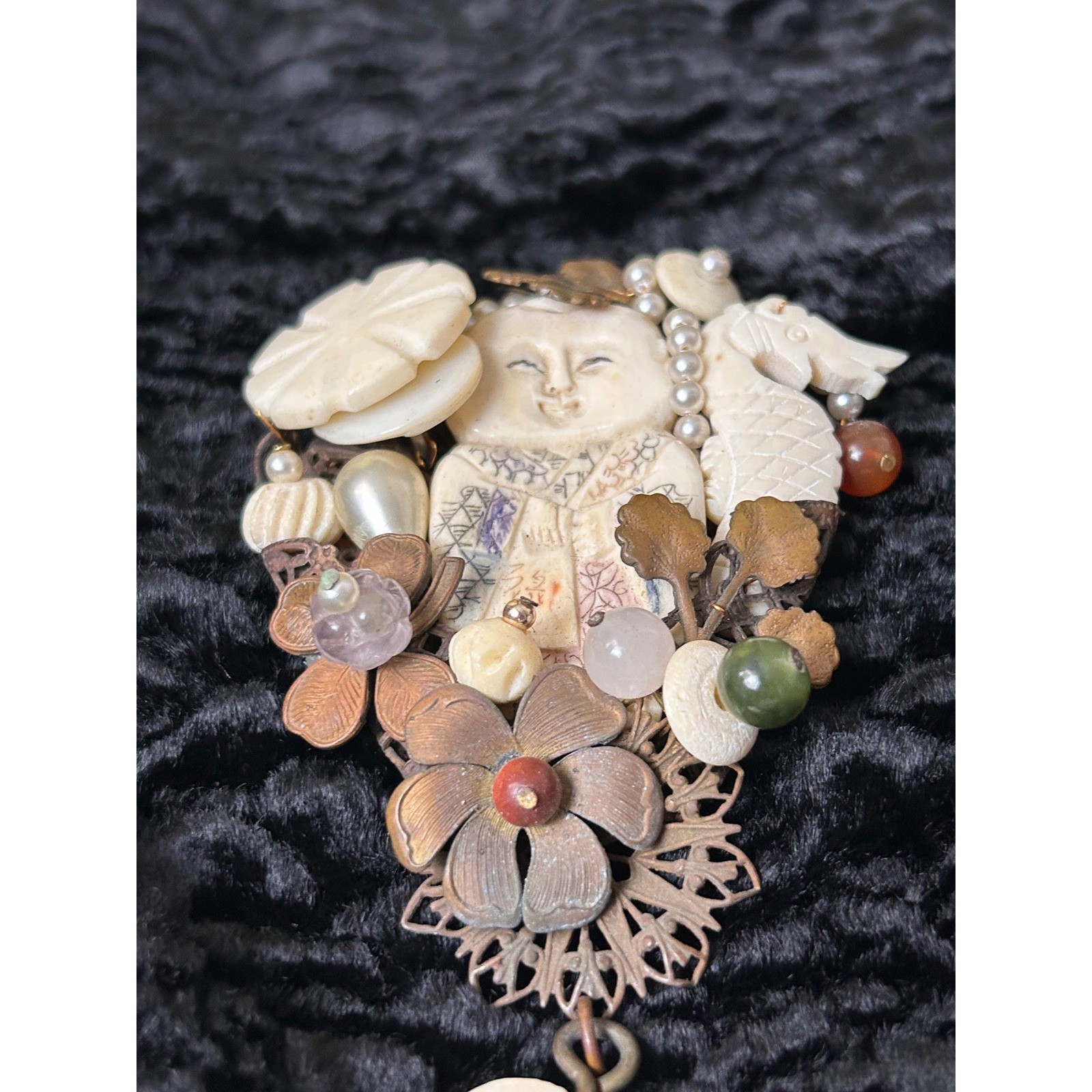 Sarah Jane Mixed Media Assemblage Brooch Carved Asian Figure Dragon Heart 4.5″