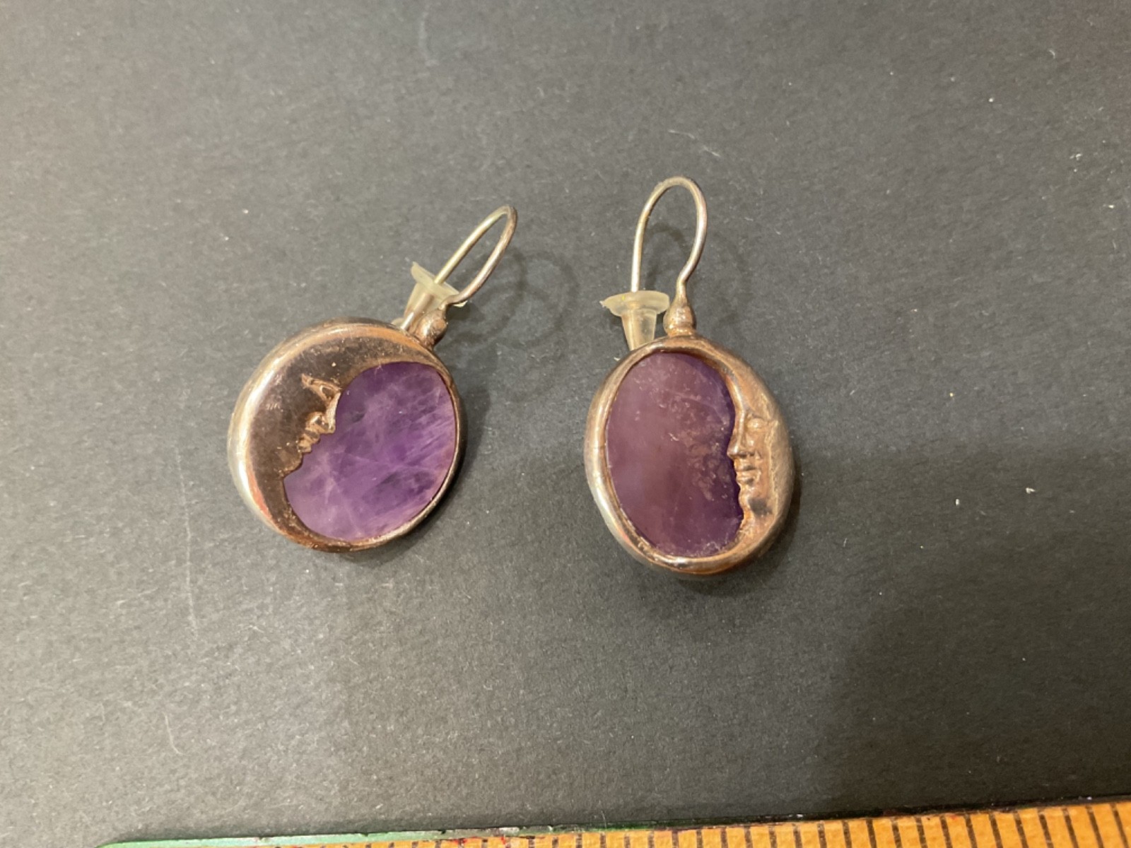 Vintage Amethyst 925 Sterling Silver Round Moon Pierced Earrings