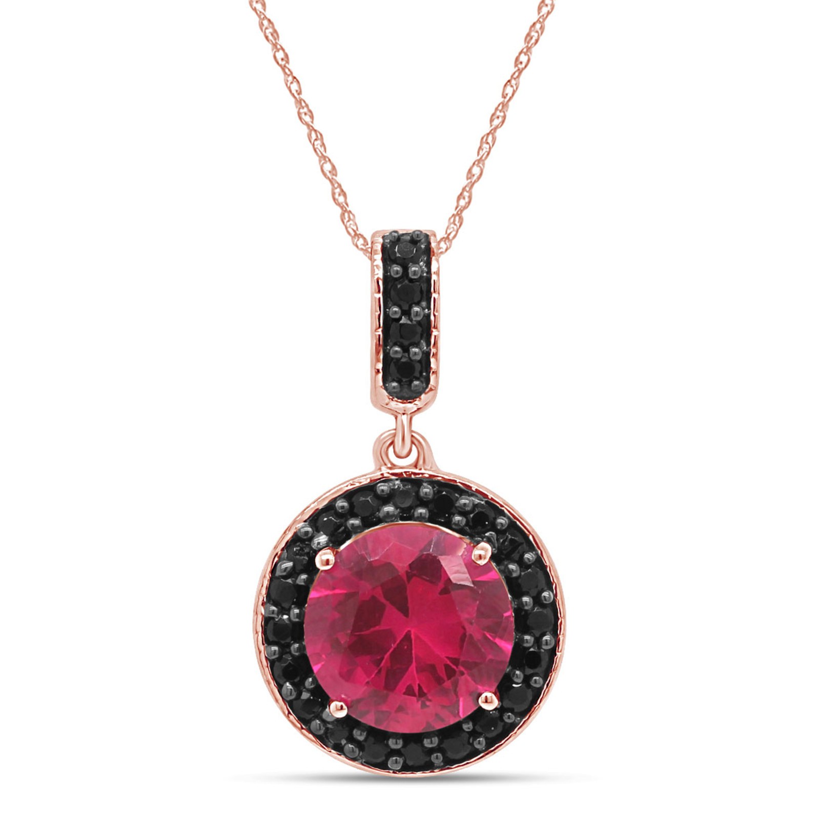 Simulated Pink Ruby & Black Spinel Dangle Pendant Necklace 14k Rose Gold Plated