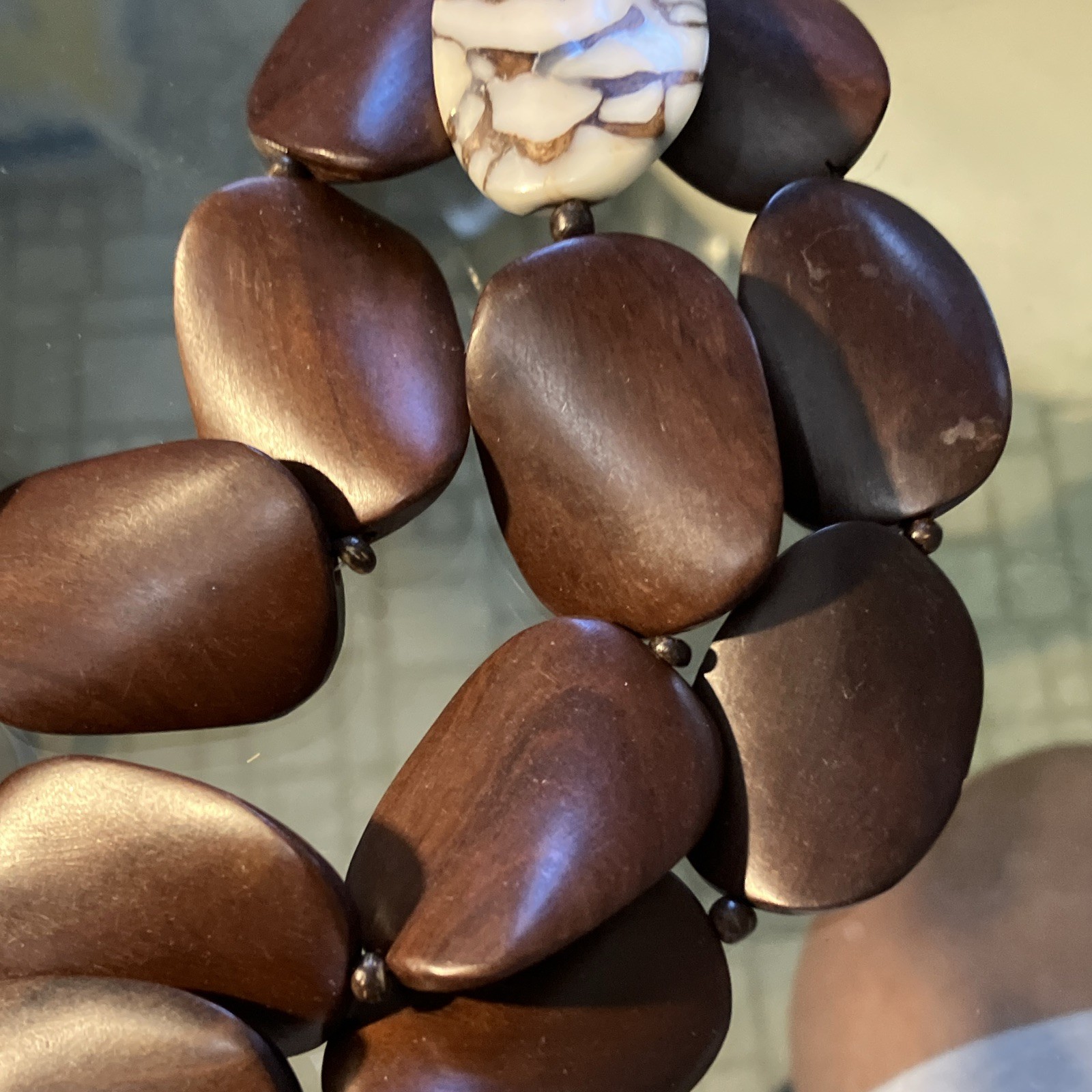 Brown Wood Beaded Statement Necklace White Oval Stone Accent Cord, Lobster