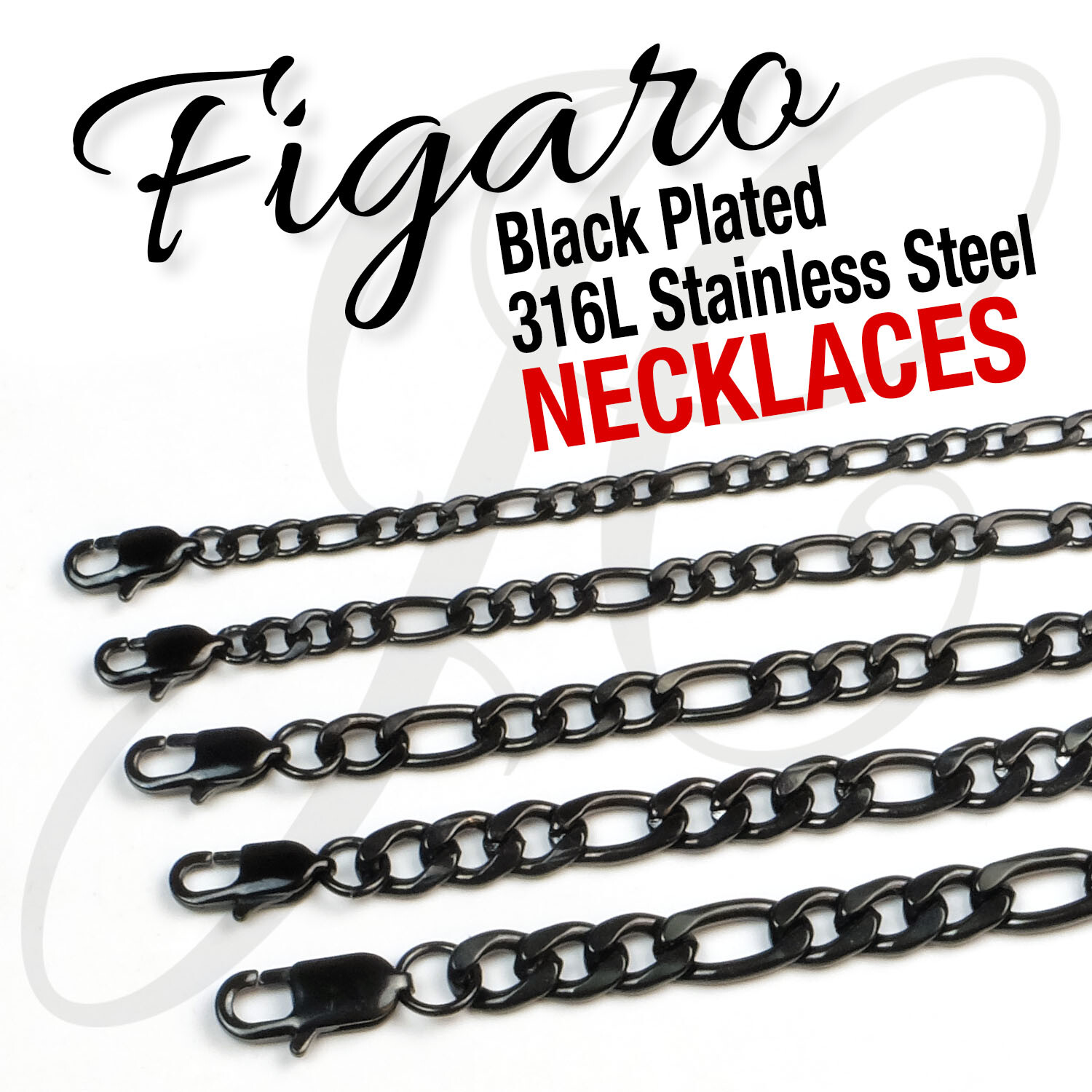 Black Plated Stainless Steel 316L Figaro Chain Necklace Men Women 14″-48″ 4-10mm