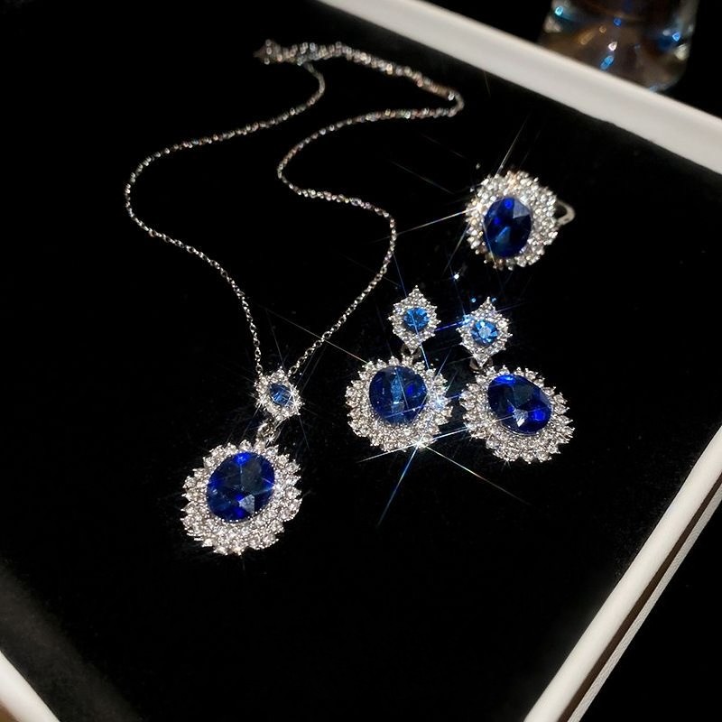 Silver Alloy 3Pcs Jewelry Set Blue Zirconia Halo Necklace Drop Earrings Ring