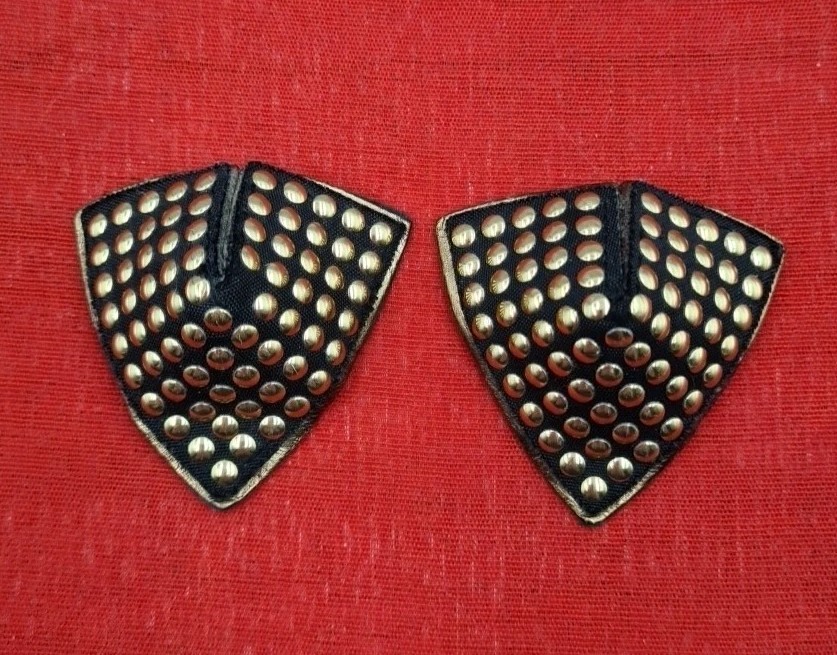 Vintage BLUETTE Black Gold Studded Fabric Faux Leather Large Clip-On Earrings