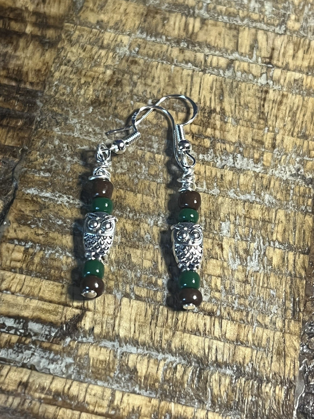 Owl tiny drop Earrings Handmade Approx. 1” sterling plated hooks wire wrapped
