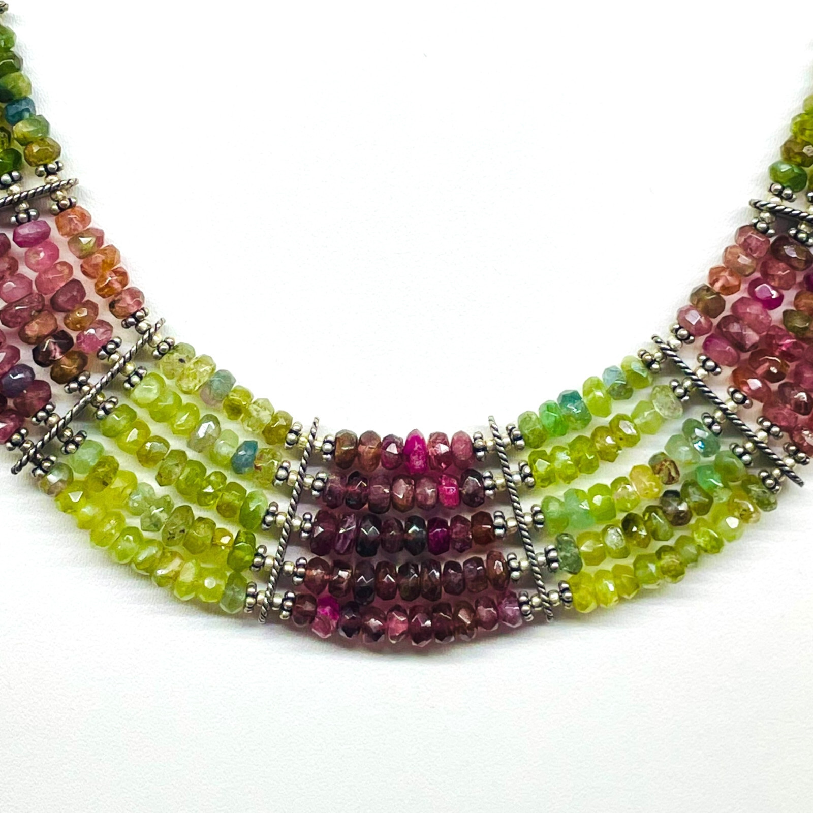 5 Strand Natural Multi Tourmaline Necklace 4-5mm Facetted Beads 925 Silver Clasp