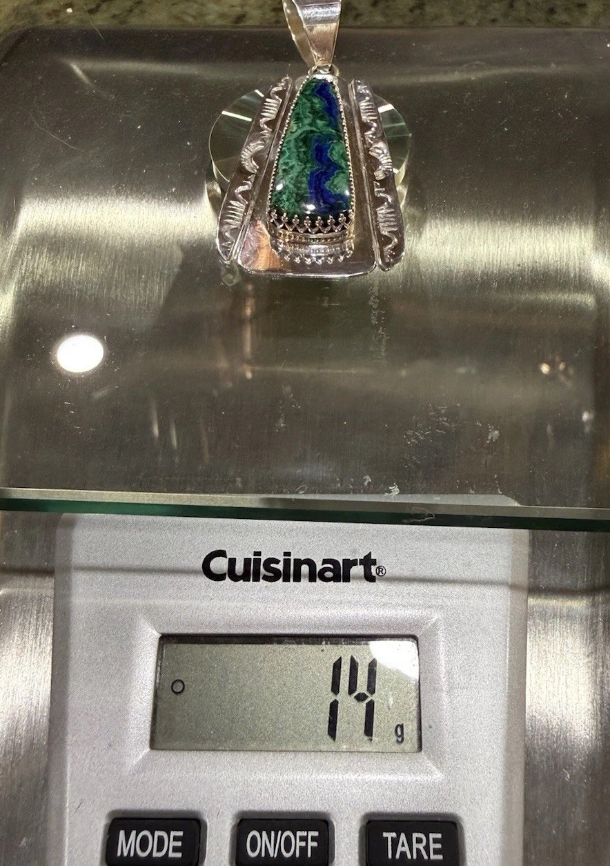 Navajo Sterling Silver Stamped Azurite Malachite Pendant Gerald Mitchell