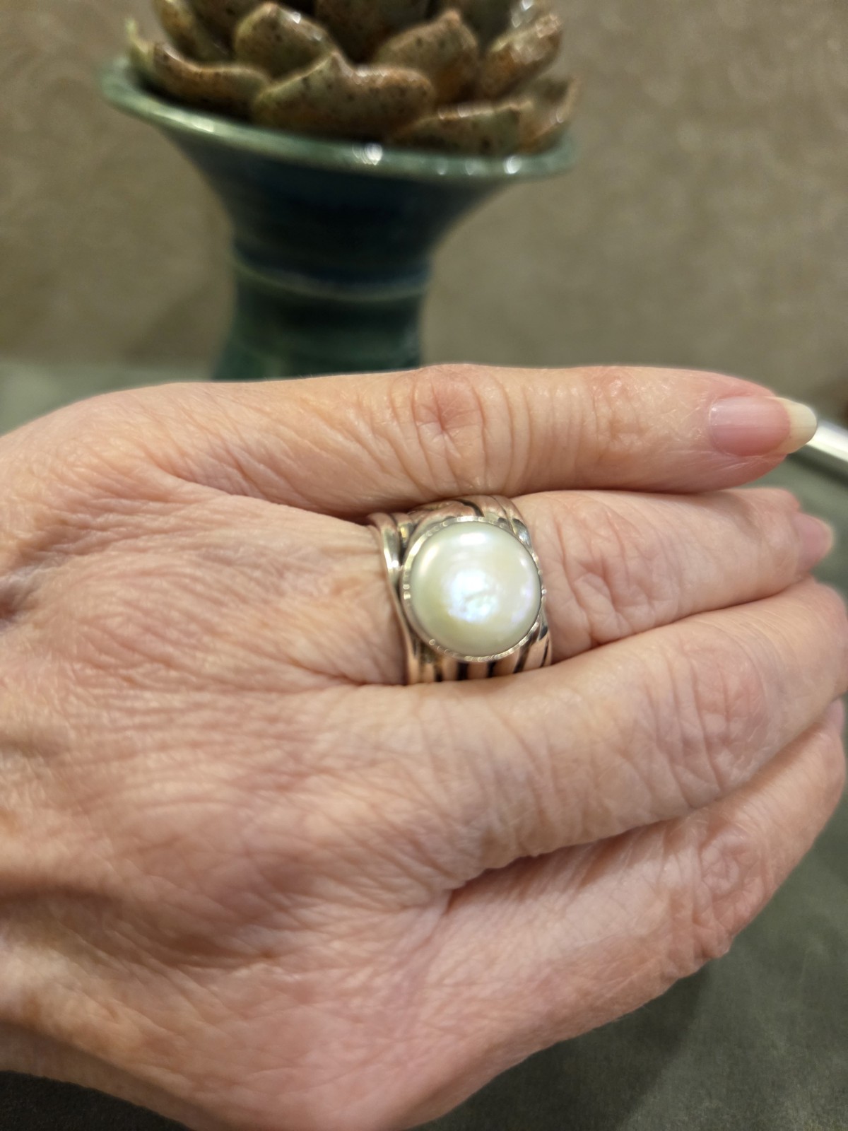 Signed Silpada Sterling Silver Ring With White Coin Pearl And Woven Band Size 7