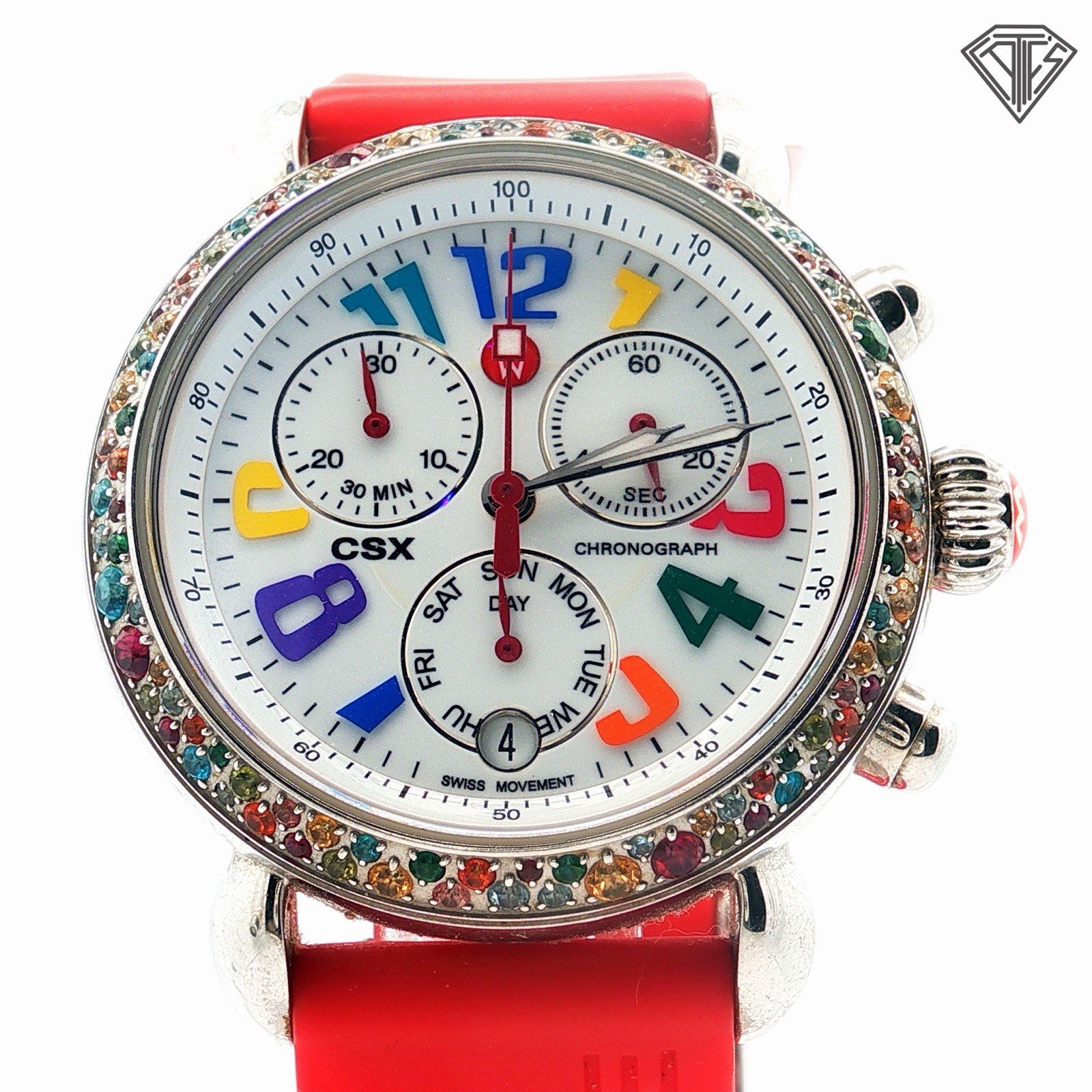 Pre Loved Michele Carousel CSX Multi Colored Stone Bezel Watch Red Silicone Band
