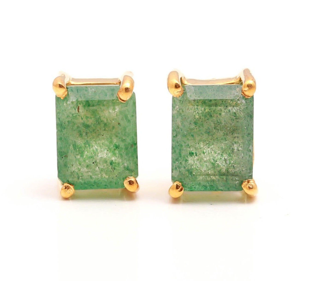 Natural Green Strawberry Octagon Stud Earrings Gold Plated Solid Silver Jewelry