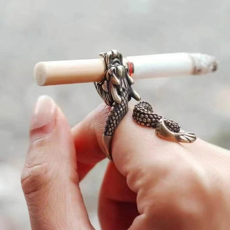 Retro Punk Dragon Cigarette Holder Ring for Men Women Bronze Adjustable Ring New