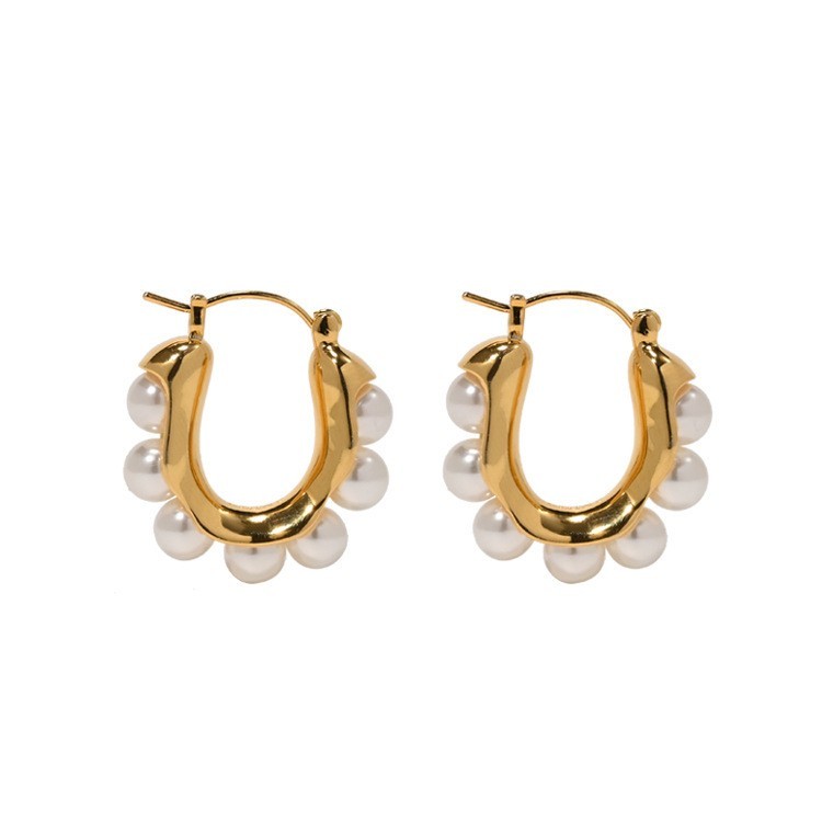 Fashion Woman 14K Gold Plated Pearl Earring Clip Hoop Huggie Ear Drop Dangle