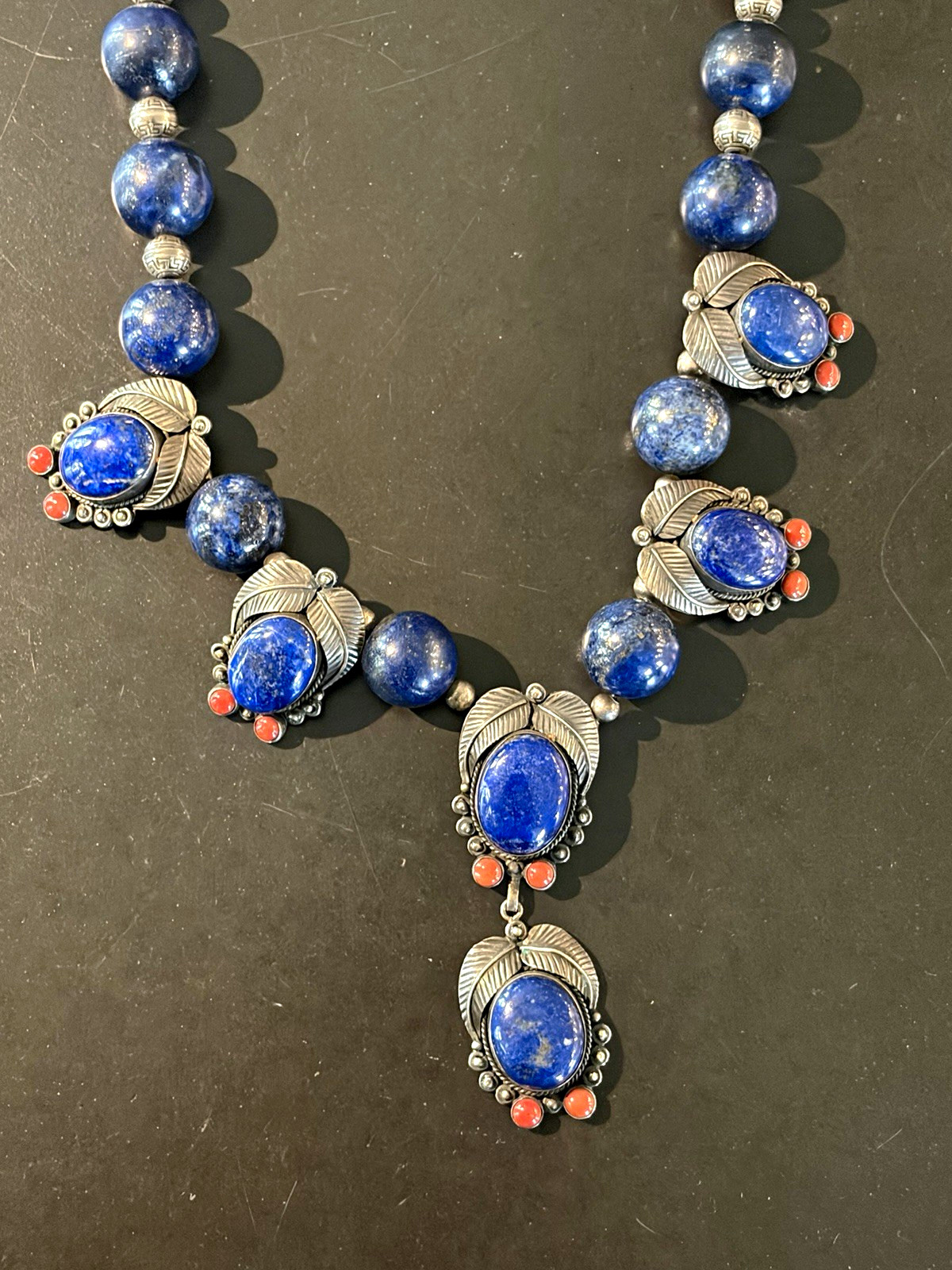 Lapis Lazuli Blue Beaded Necklace Silver Tone Stations Oval Stone