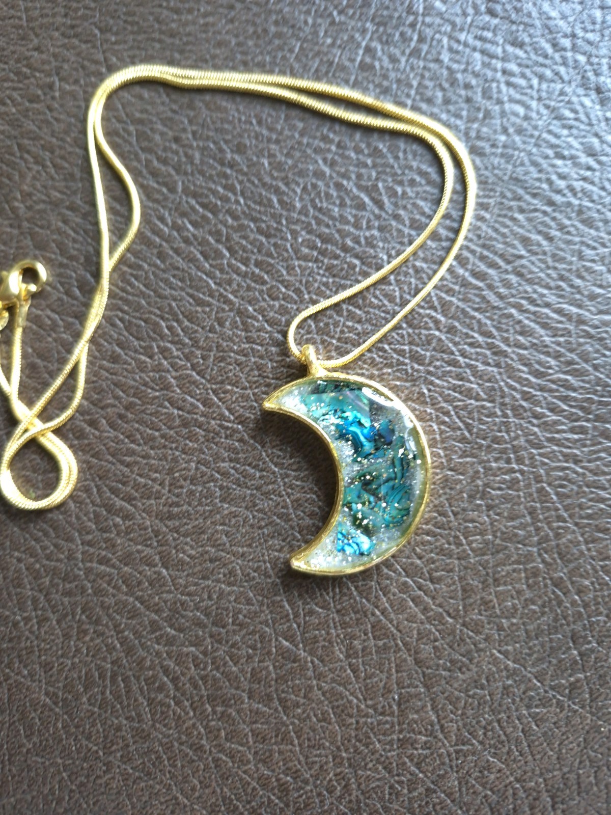 Abalone Blue, Green, Gold Color,Handmade Half Moon Resin Art. 20″ Snake Chain.