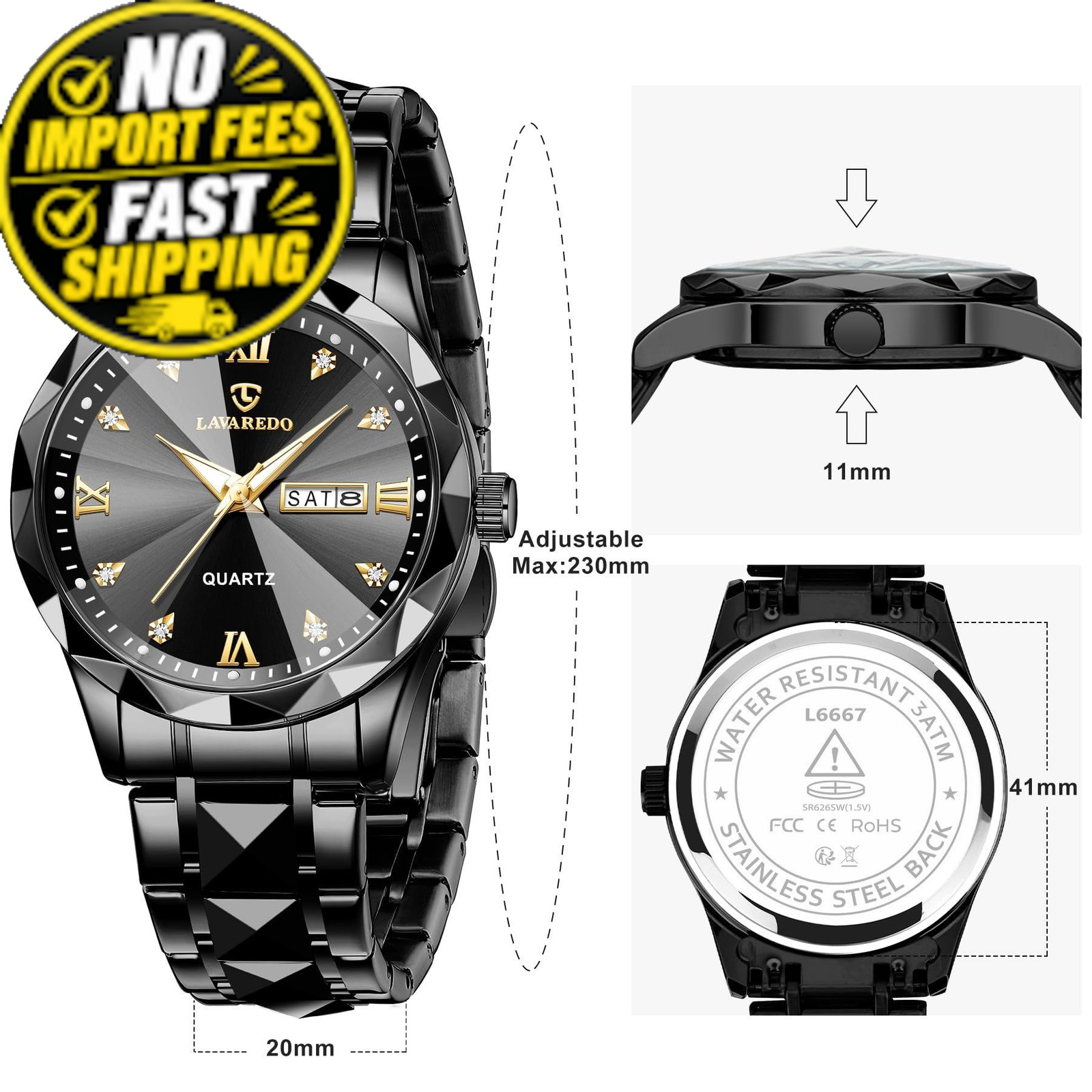 VTAIGE Mens Watches Stainless Steel Waterproof Luminous Date Two AllBlack