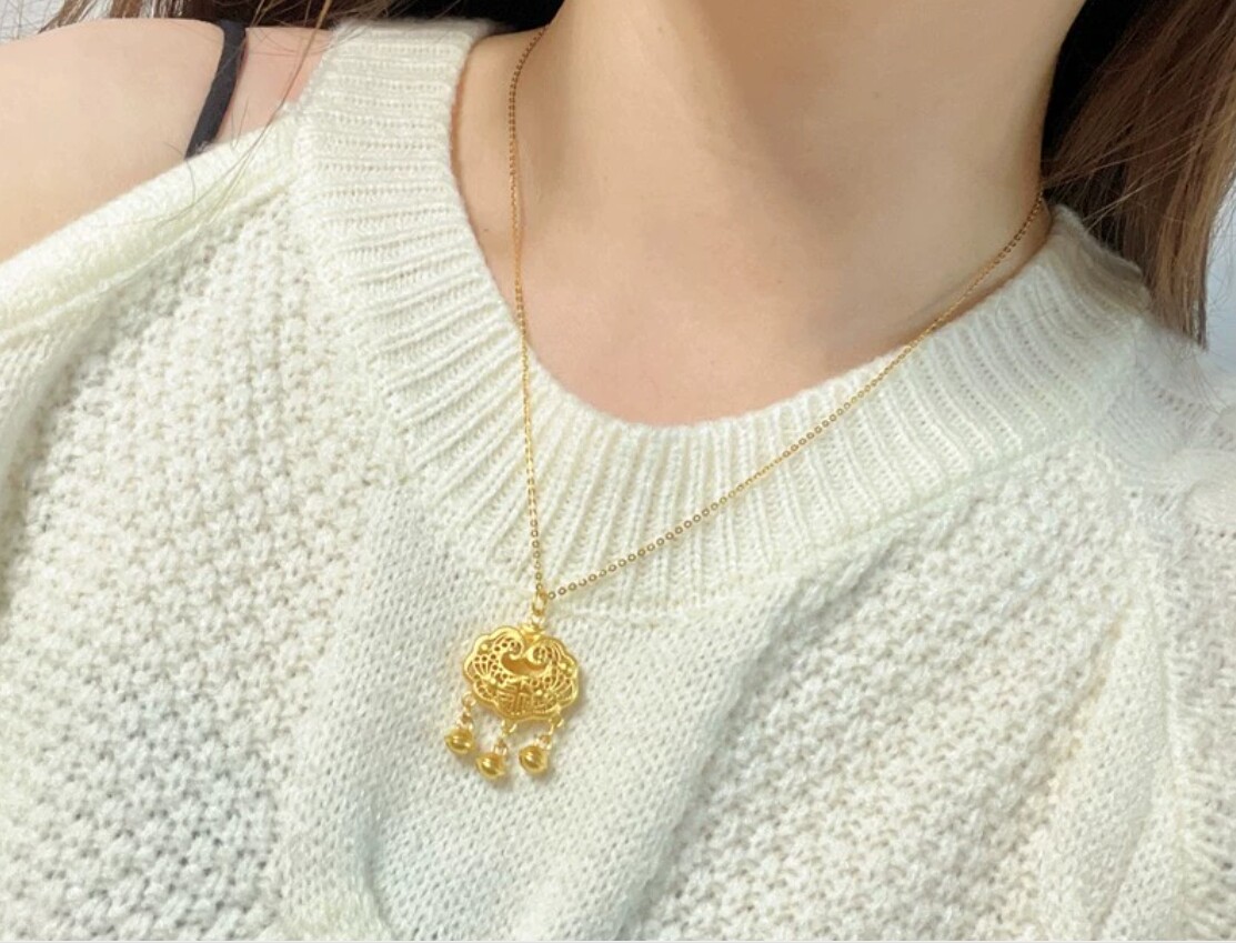 Pure 999 24K Yellow Gold Men Women Kids Baby Lucky Lock Bells Pendant 1.5-1.6g