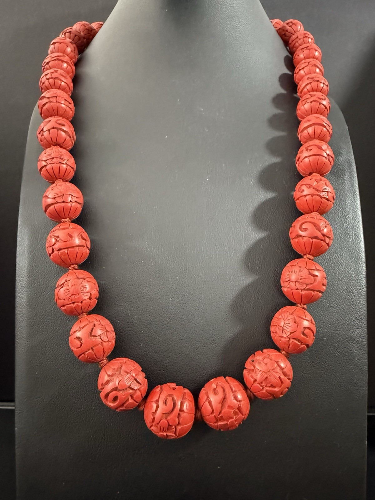 Vintage Chinese Export 24″ Necklace Hand Carved Red Cinnabar Lacquer Beads H12