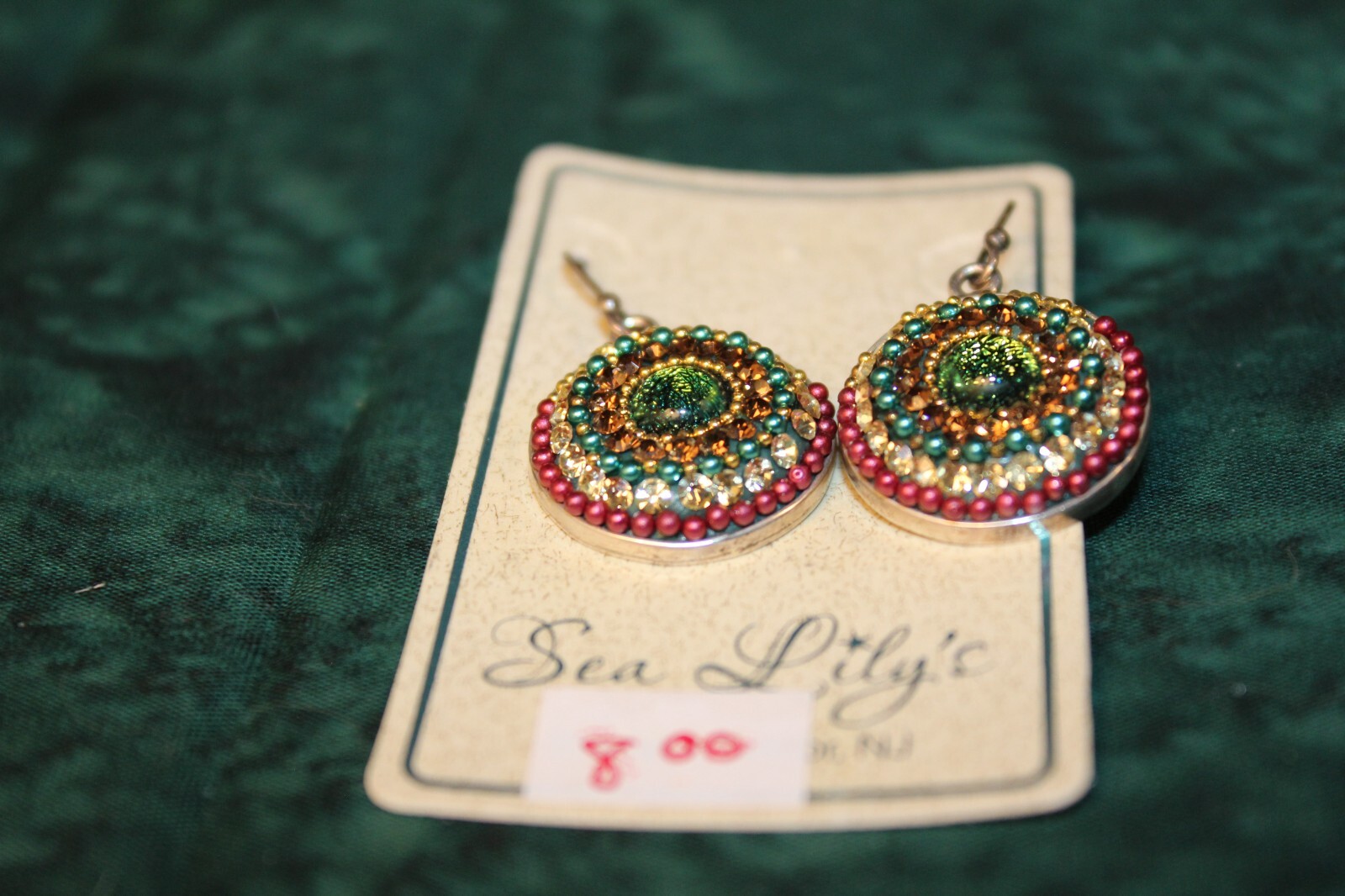 costume jewelry earrings colorful faux gems and jewels, blues,greens,reds,whites