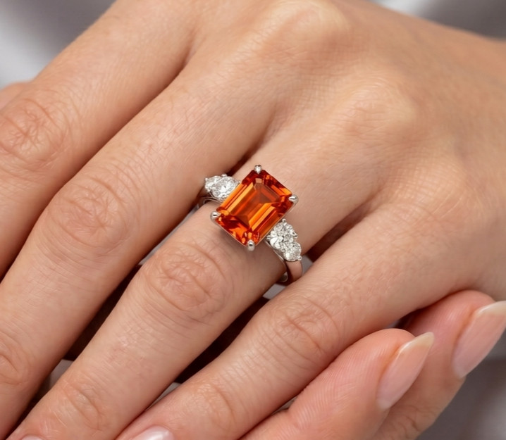 RARE 8.00 Ct Certified Emerald Cut Orange Natural Diamond Ring White Gold Finish