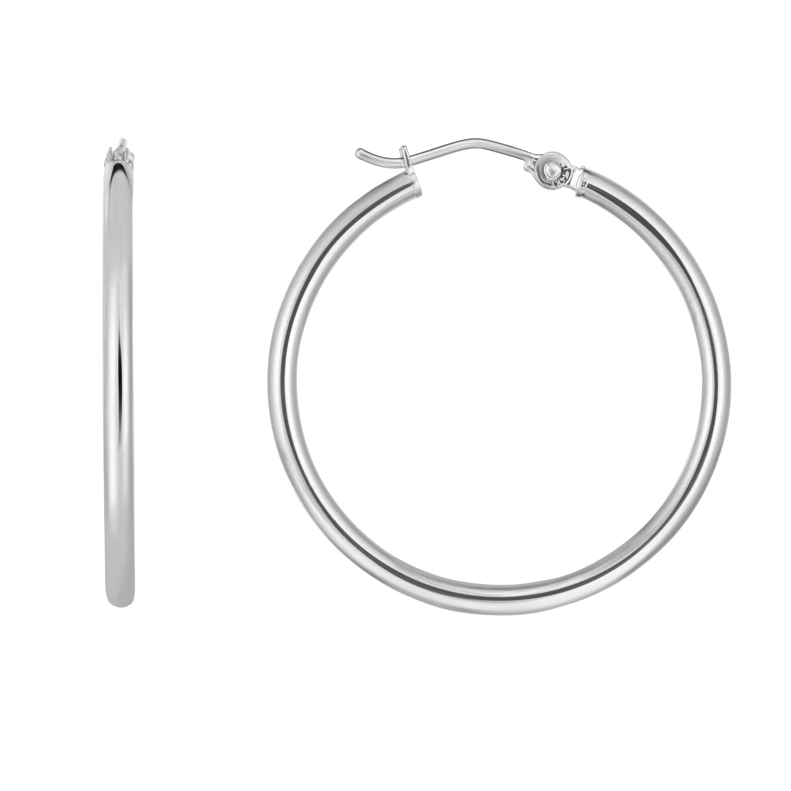 10k White Gold 2mm x 30mm Round Shiny Lite Tube Hinged Hoop Earrings 1.3 Gr