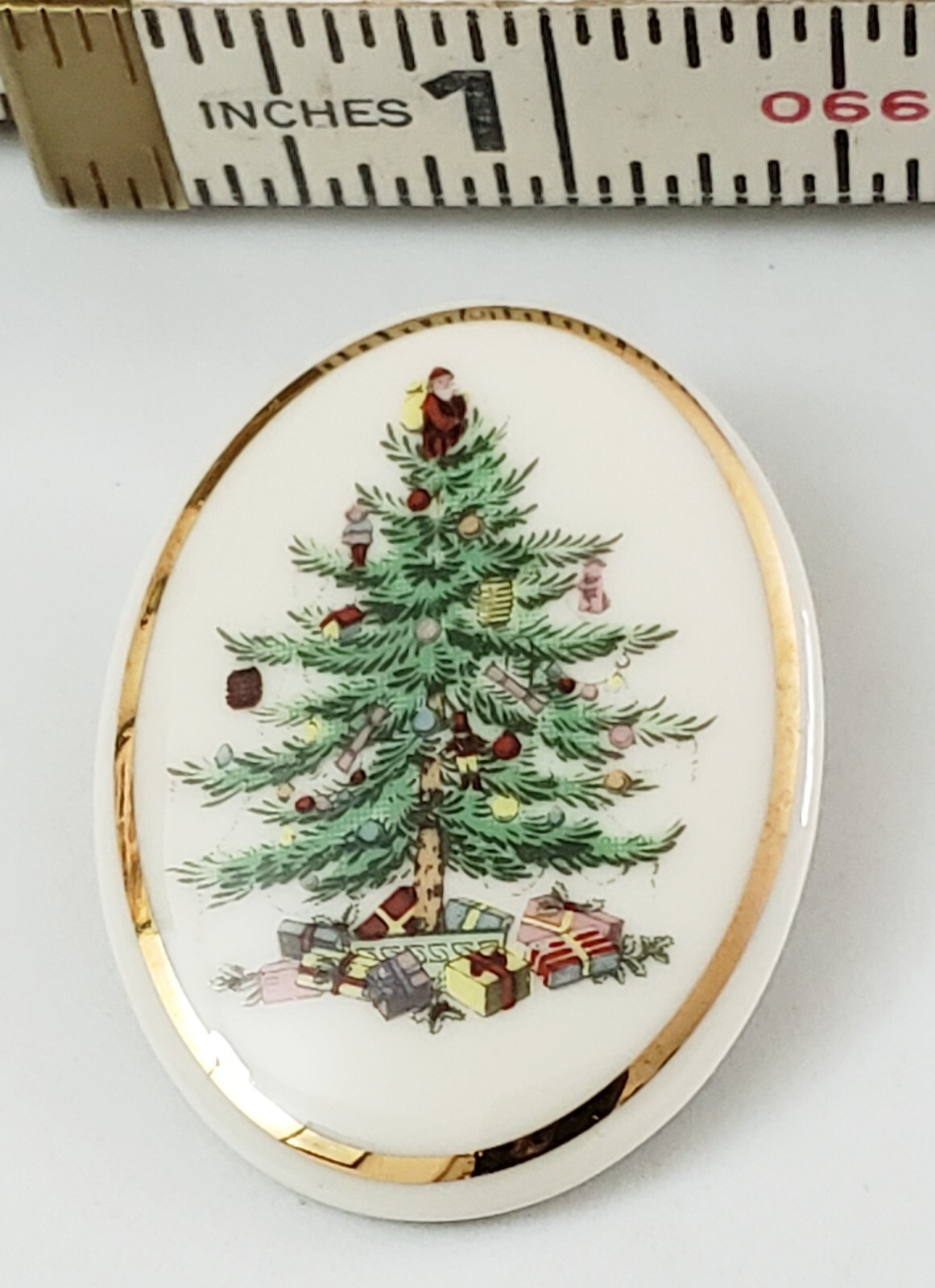 Vintage Signed SPODE Porcelain Oval Gold Trim Christmas Tree Brooch Pin, SIGNED