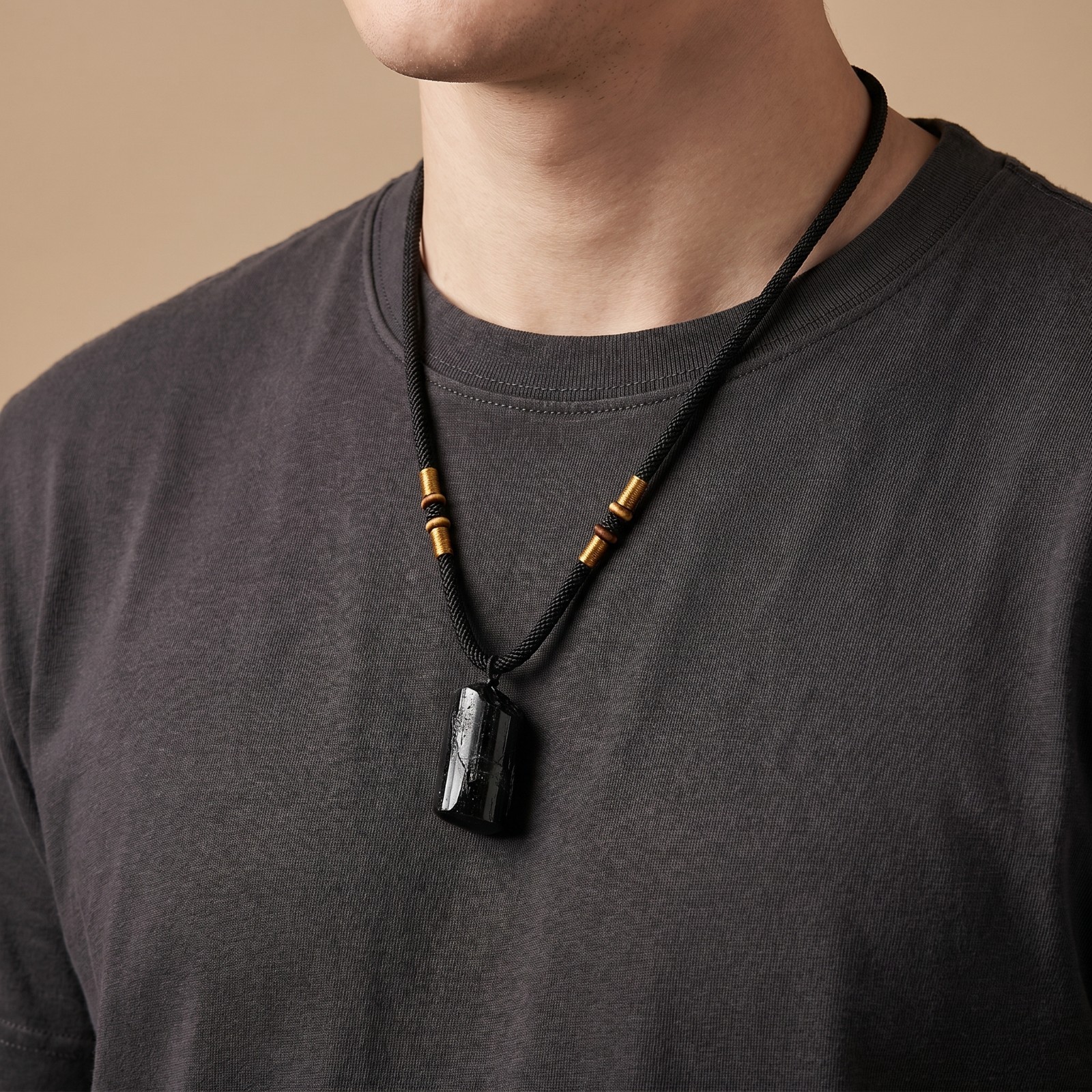 Natural Black Tourmaline Pendant Necklace Adjustable Protection Grounding Unisex