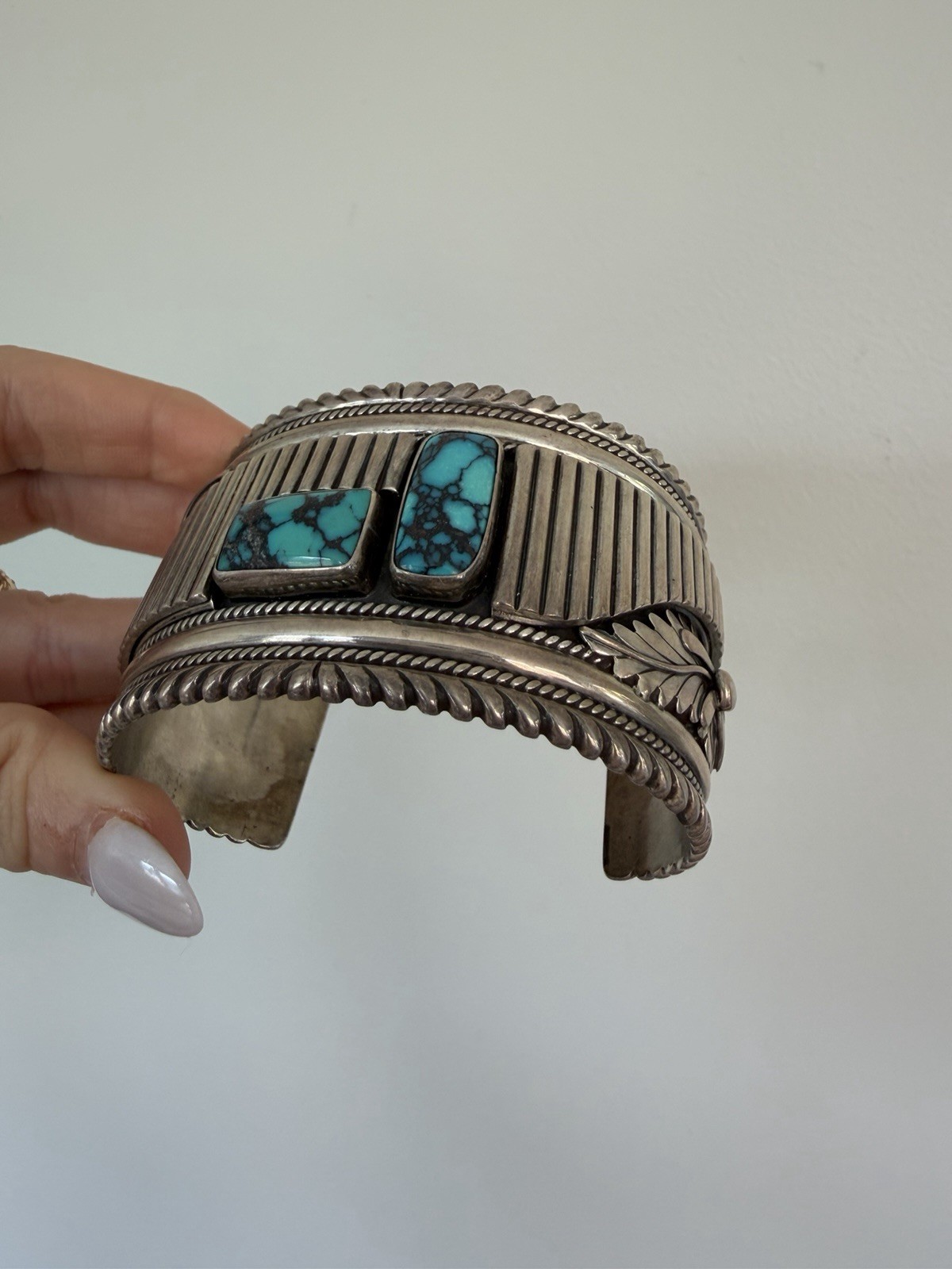VTG Navajo Native American Chunky Cuff Bracelet Sterling Turquoise 127g Signed