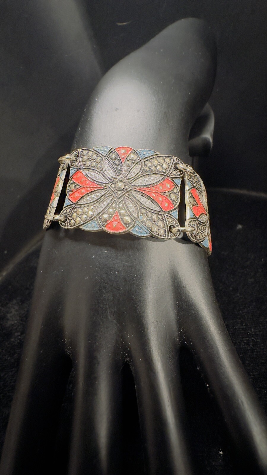Vintage Art Deco Aluminum Enamel Panel Bracelet West Germany Size 7-9.5” Adj.