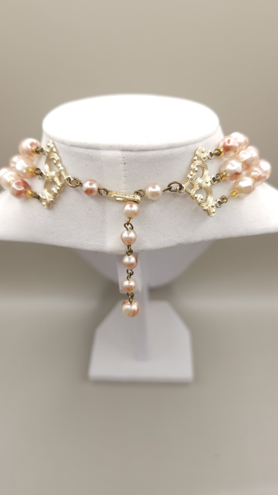 Vintage 1960s Pink Gold Pearl Triple Strand Necklace Hong Kong Mid Century Bib