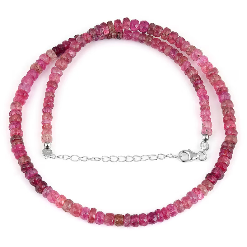 Natural Pink Tourmaline Beaded Necklace 18″ 925 Sterling Silver Handmade Gift
