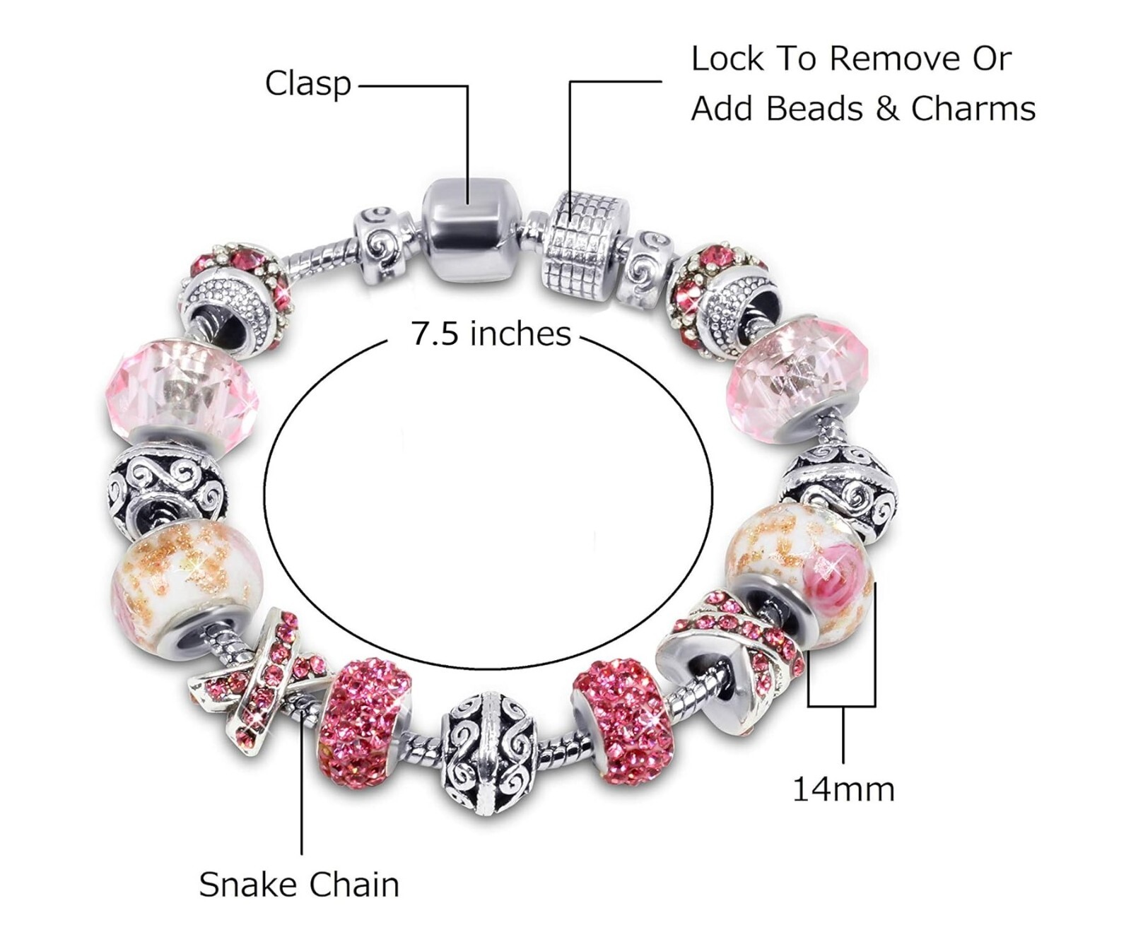 18K White Gold Plated Pink Crystal Charm Bracelet Made with Swarovski Elements