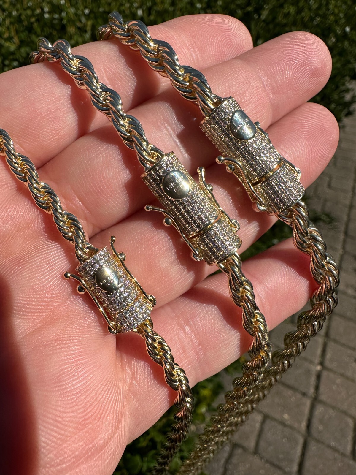 Iced MOISSANITE Clasp 14k Gold Over Stainless Steel Rope Chain Necklace Bracelet