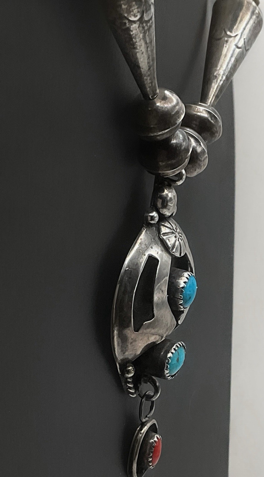 Signed Jesse Claw Navajo Sterling Silver Turquoise Coral Necklace J*C 41.6 grams