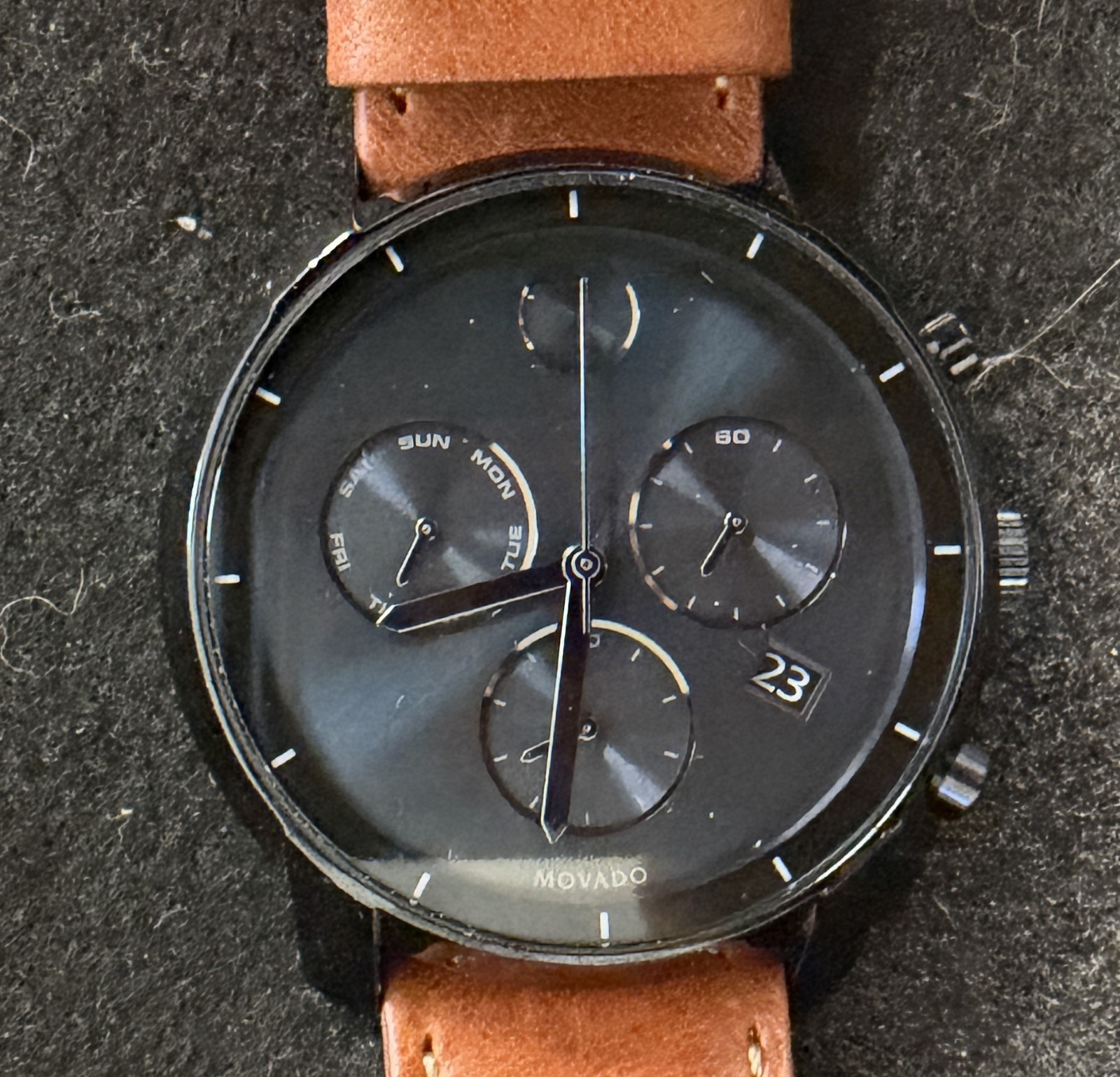 Movado BOLD TR90 Chronograph Mens Watch 3601115 Black Tan Leather New Battery