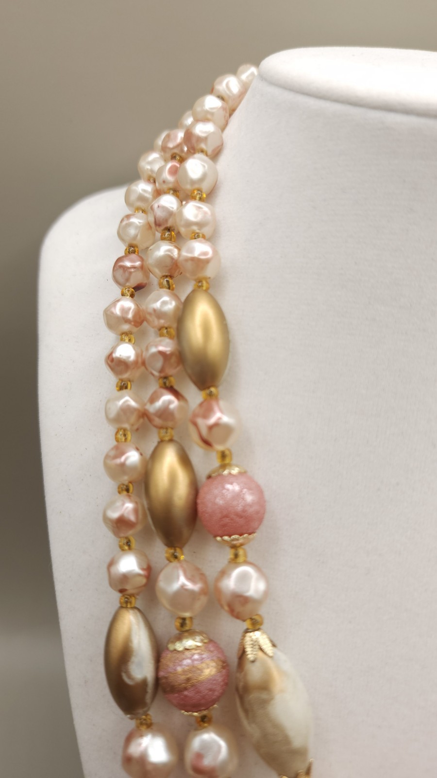 Vintage 1960s Pink Gold Pearl Triple Strand Necklace Hong Kong Mid Century Bib