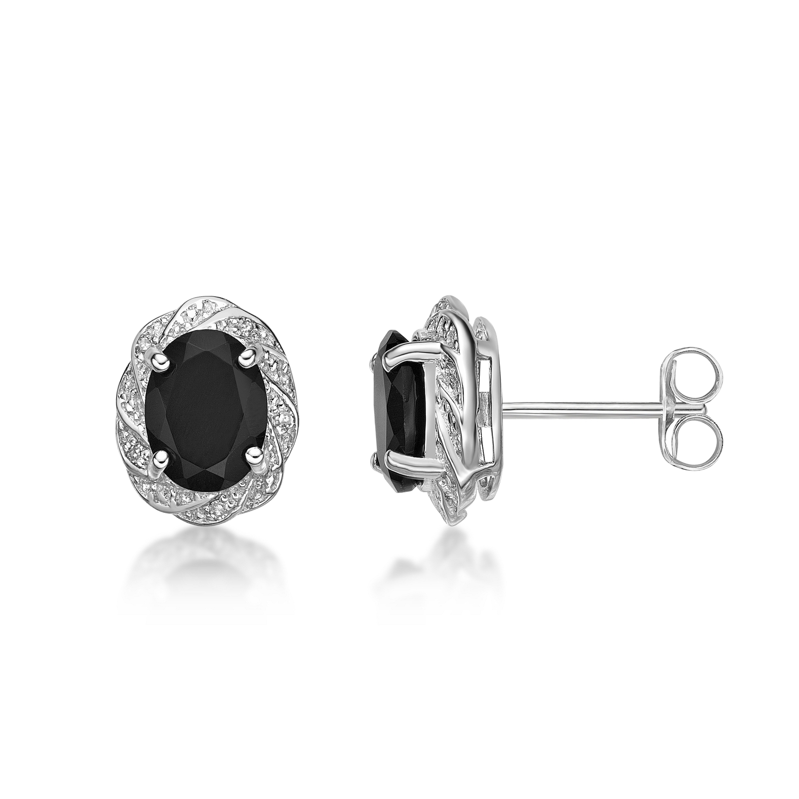 Sterling Silver Stud Earrings with 8×6 Oval Black Onyx and 0.04 Cttw Diamonds