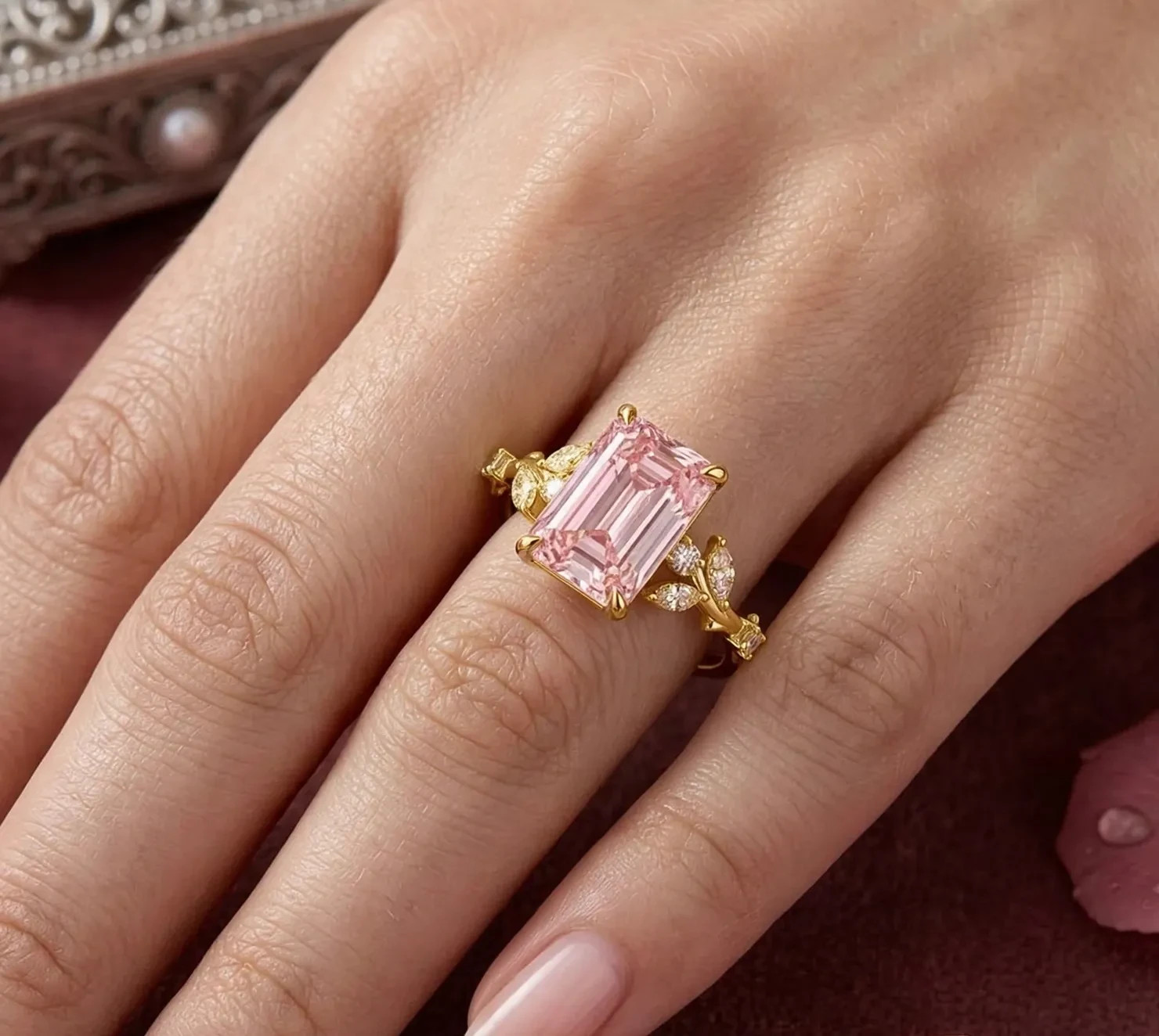 RARE 4.40 Ct Certified Emerald Cut Pink Natural Diamond Ring Yellow Gold Finish