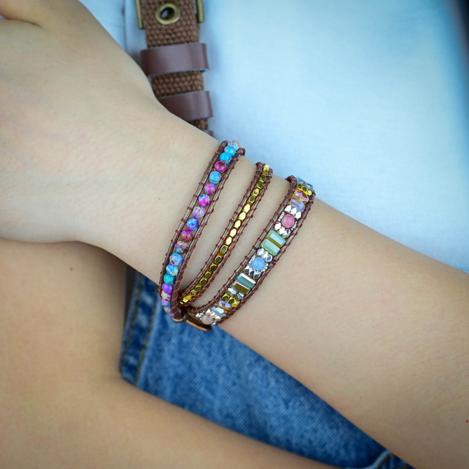 Natural Sea Sediment Jasper Leather Wrap Bracelet Handmade Beaded Cord Women’s
