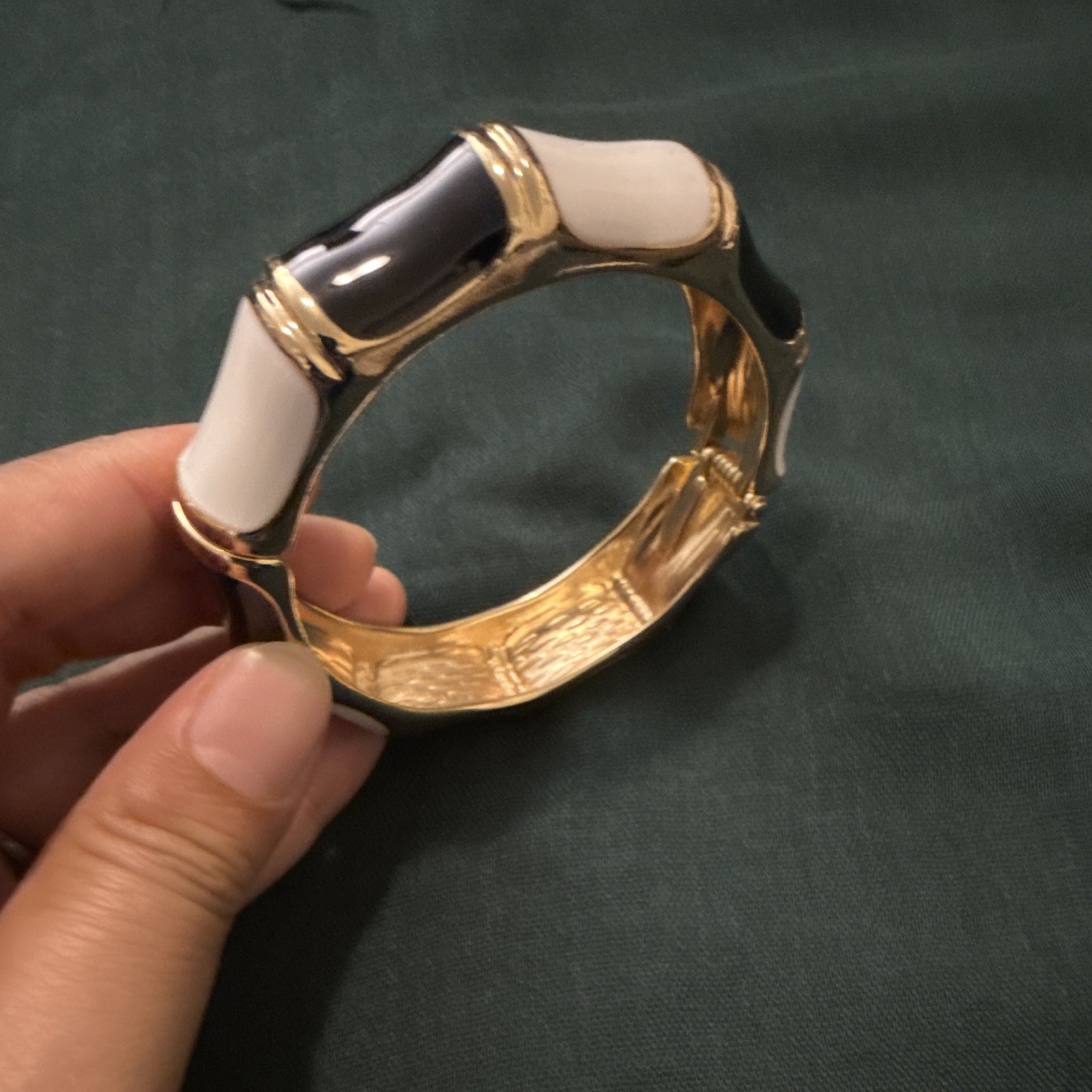 Gold Tone Black White Enamel Stretch Bangle Bracelet Stackable No Stone