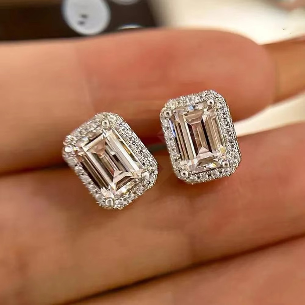 1Ct Emerald Cut VVS Moissanite Halo Stud Earrings 14K White Gold Plated Women