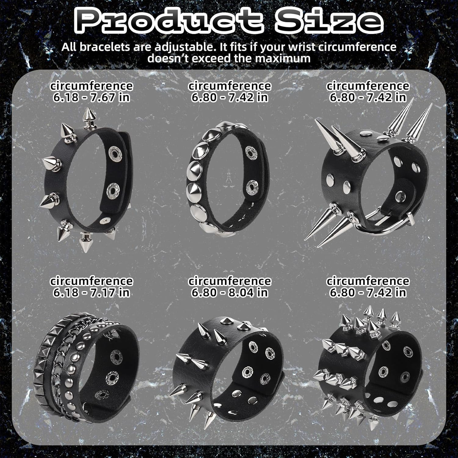 Punk Rock Emo Gothic Leather Studded Bracelet Set 6PCS Spike Rivet Wristbands