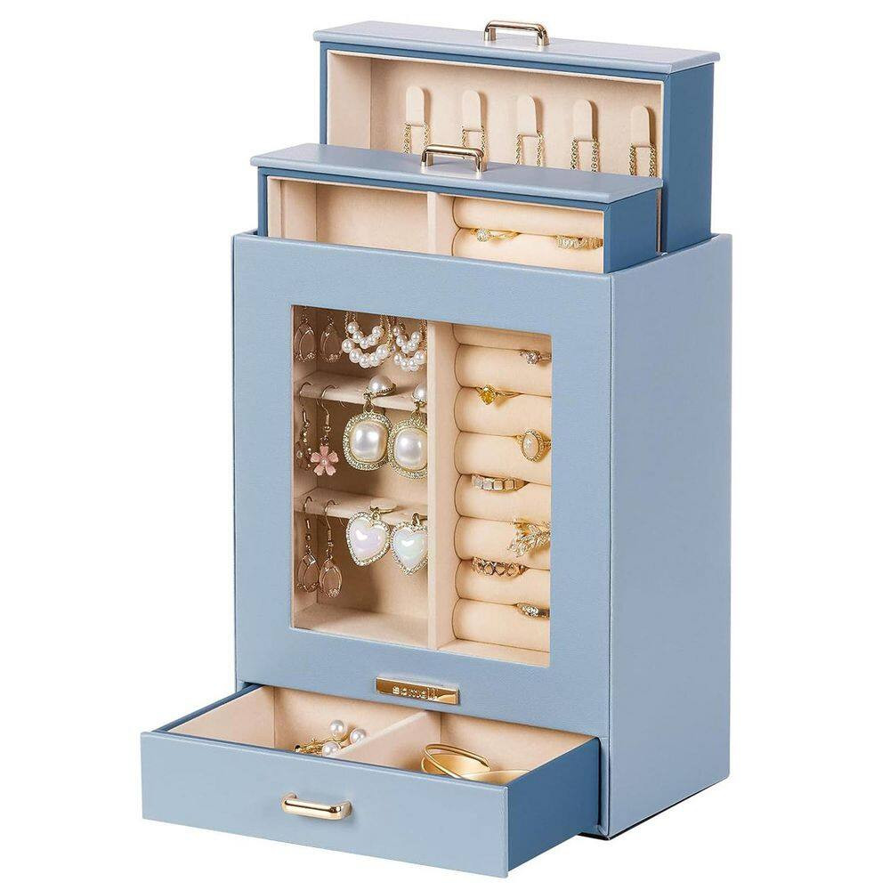 Grey Blue 7 In. X 9 In. Polyurethane Modern Jewelry Box with 3-Drawers