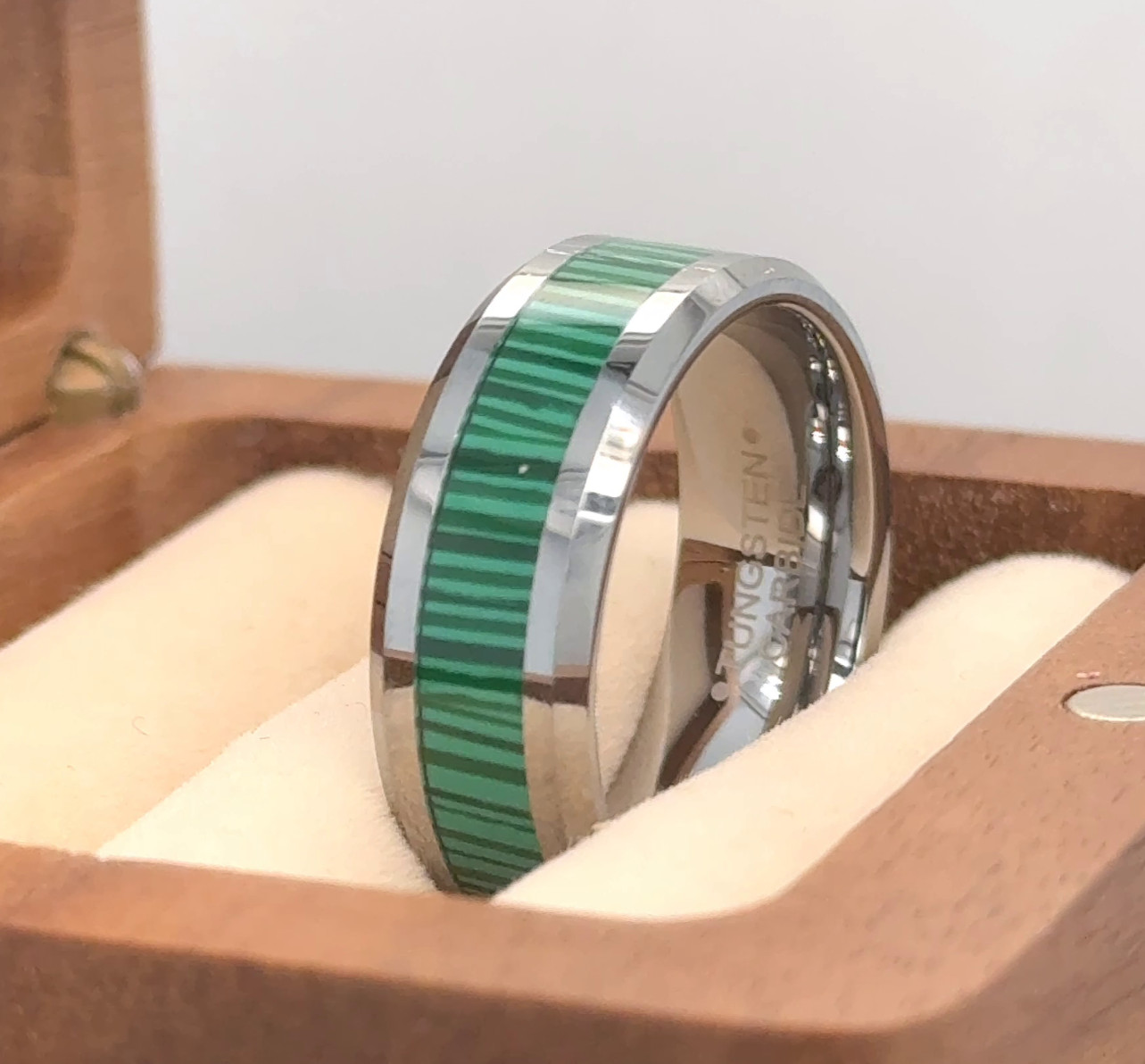 Stylish Silver Tungsten Wedding Band Green Faux Anniversary Daily Wear Ring