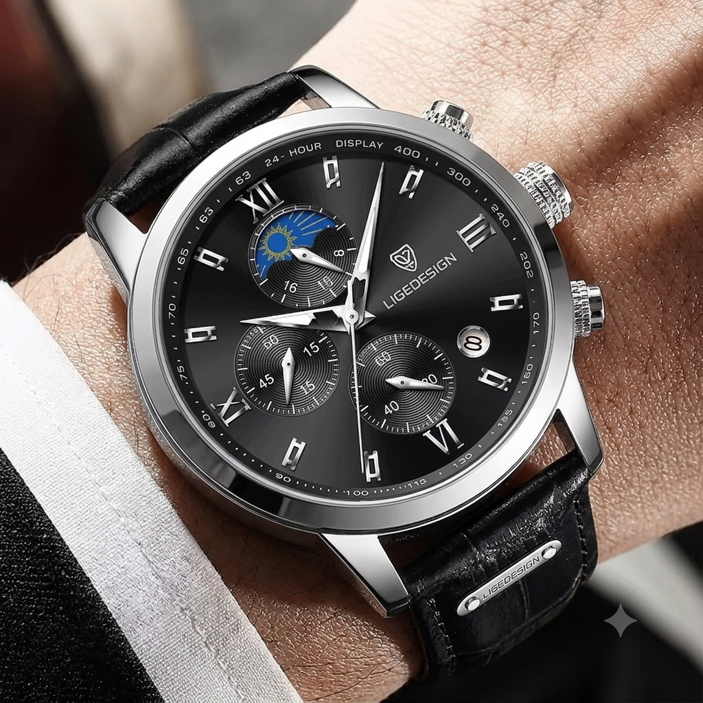 Men’s Watches Quartz Luminous Date Dial Waterproof Leather Business Wristwatch