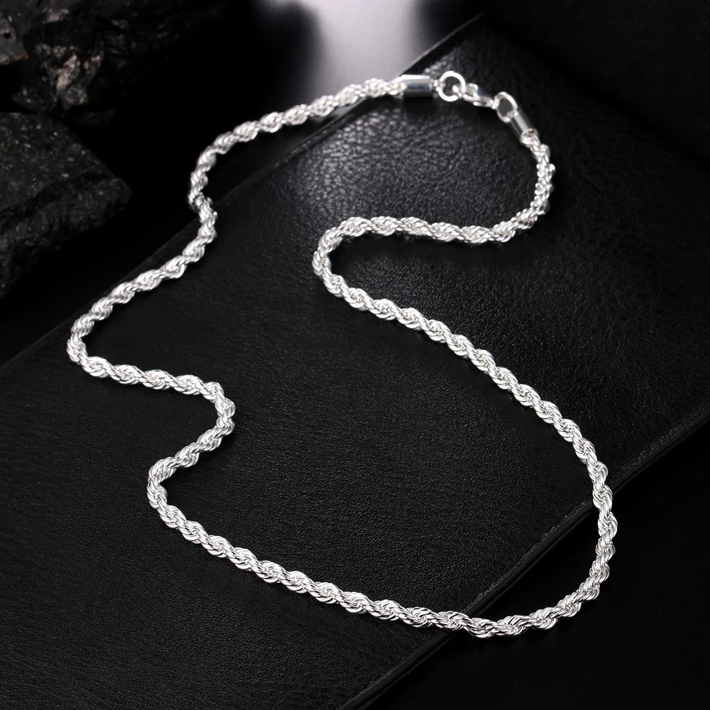 4MM Rope Chain Necklace 925 Sterling Silver Fashion Jewelry for Women Men Gift