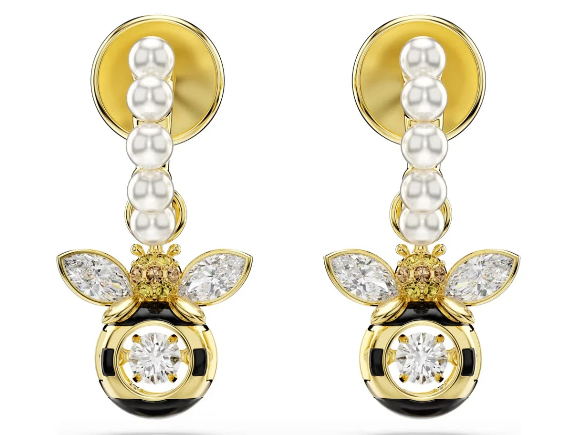 Swarovski Idyllia drop earrings Crystal pearl, Mixed cuts, Bee, Multicolored