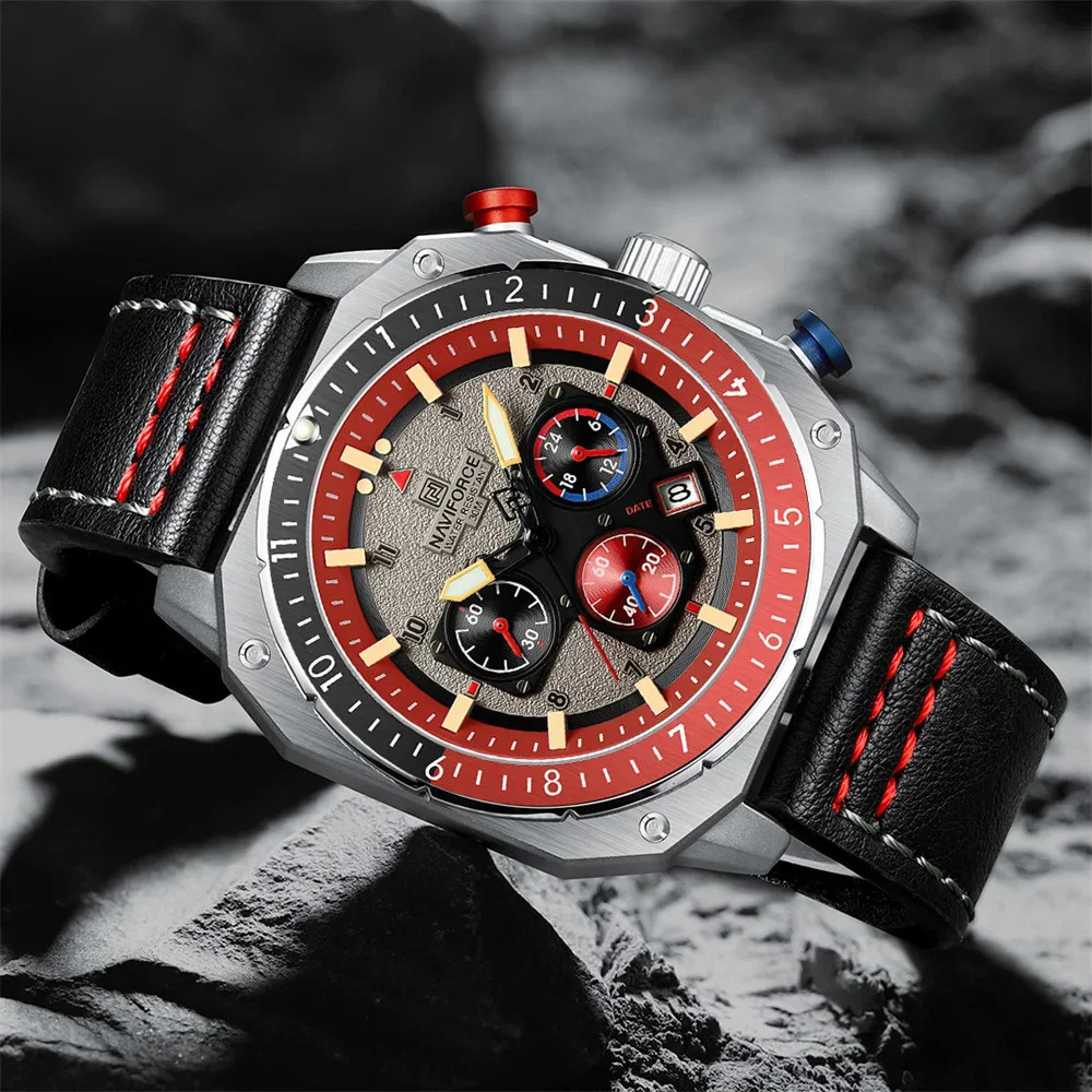 NAVIFORCE Men Watches Military Chronograph Square Watch Leather Date Wristwatch
